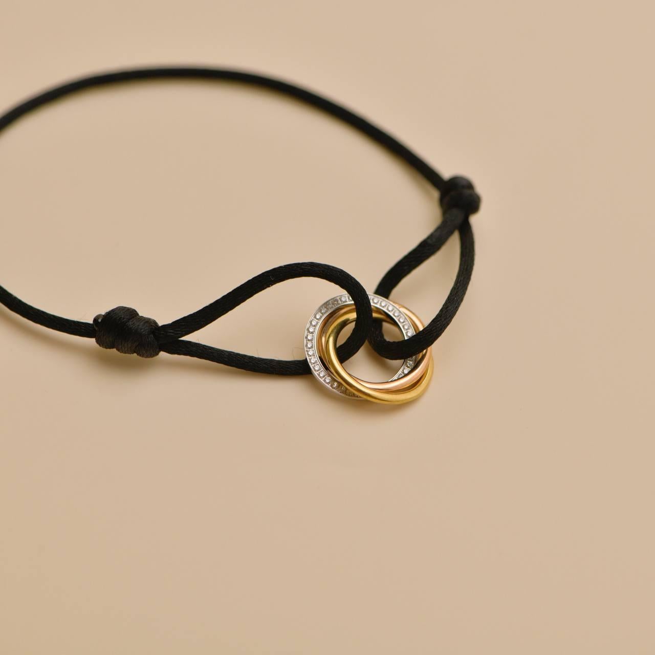 Cartier Trinity Diamond Yellow White and Rose Gold Black Cord Bracelet 2