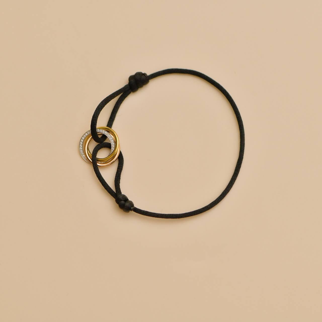 Cartier Trinity Diamond Yellow White and Rose Gold Black Cord Bracelet 3