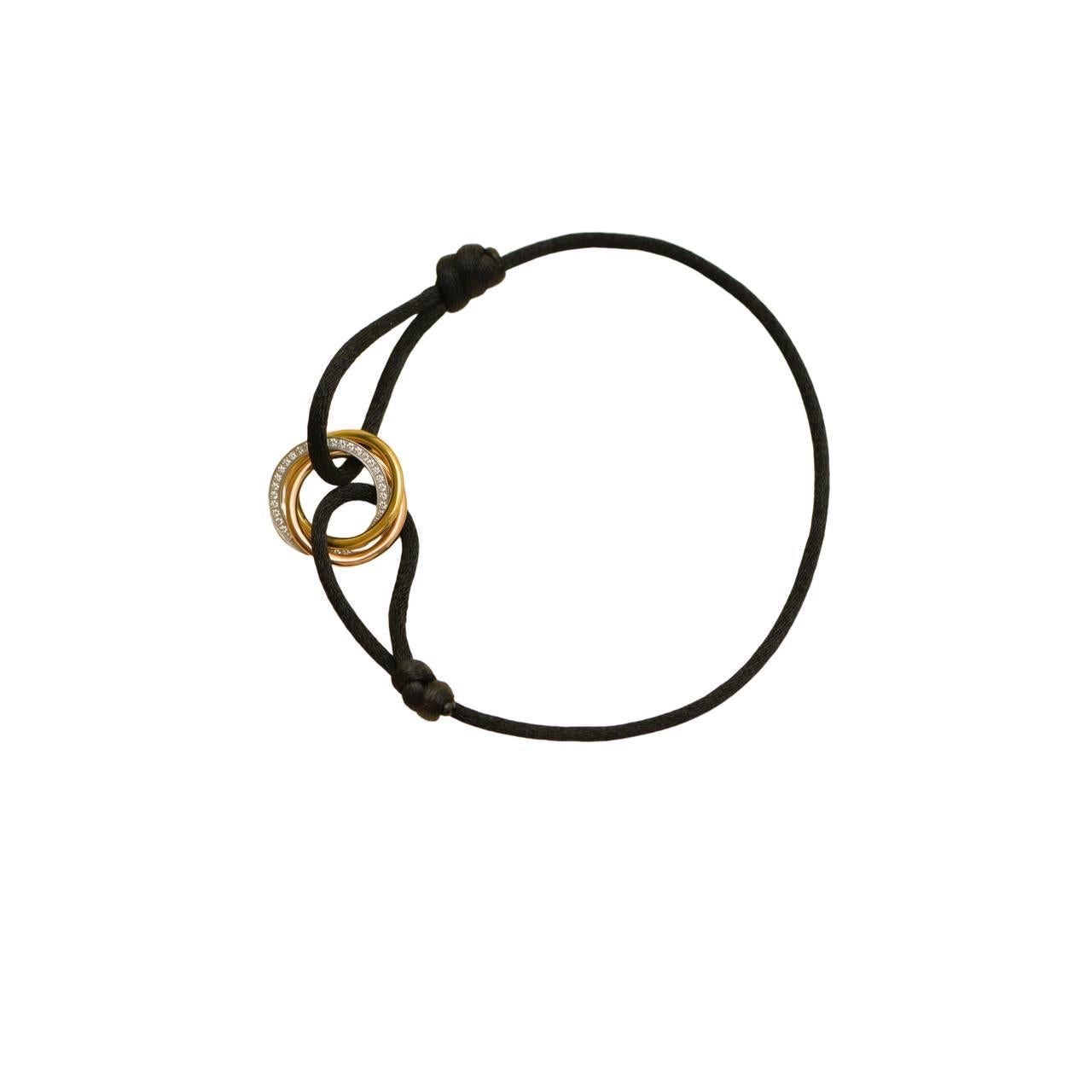 Cartier Trinity Diamond Yellow White and Rose Gold Black Cord Bracelet