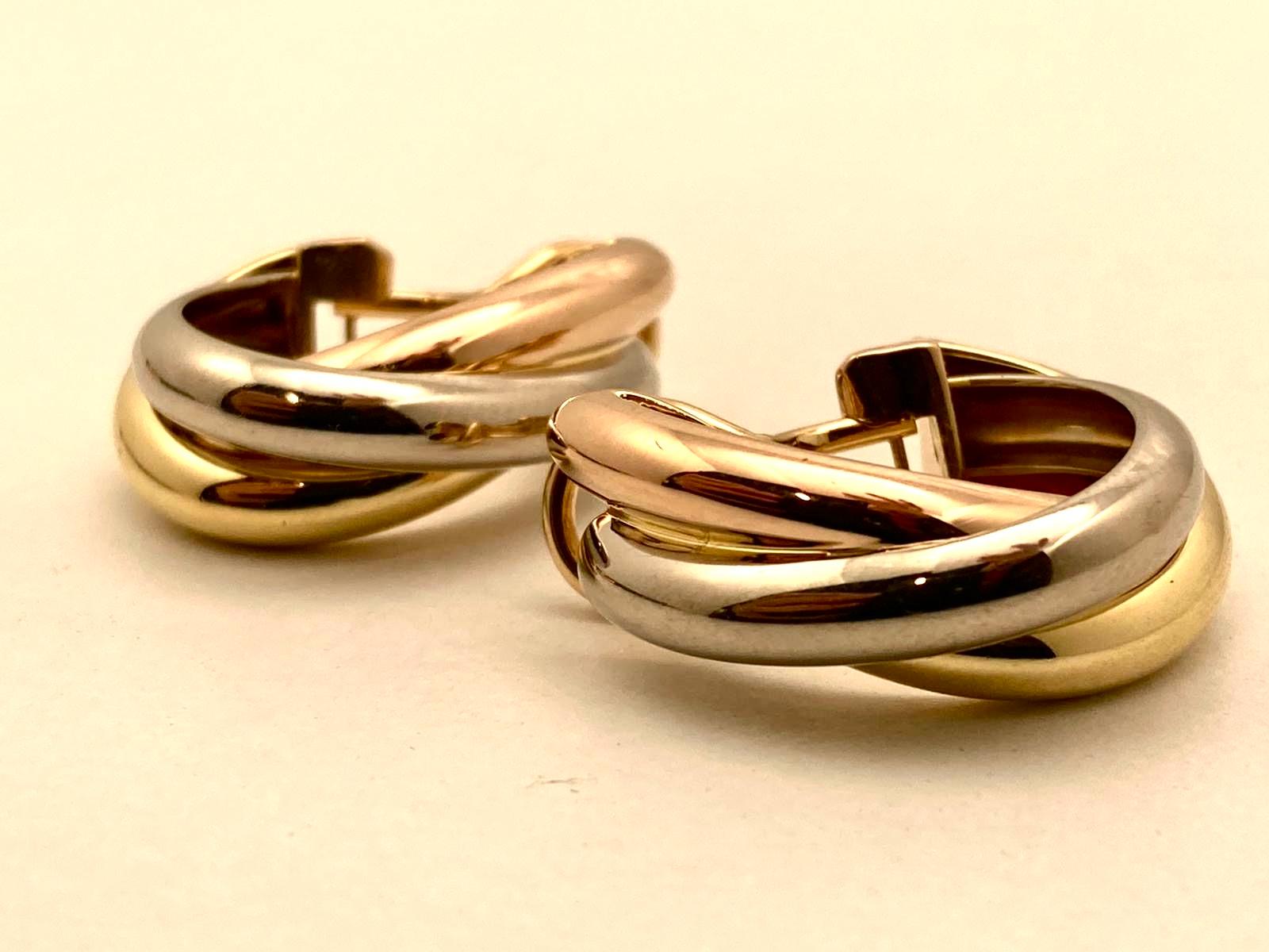 Les boucles d'oreilles Trinity de Cartier sont un symbole éternel d'harmonie et d'unité, incarnant la vision de la Maison en matière d'élégance intemporelle. Réalisé en or jaune, blanc et rose 18 carats, ce modèle emblématique présente trois bandes