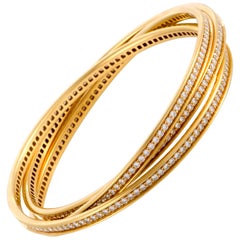 Cartier Trinity Full Diamond Pavé 18 Karat Yellow Gold Rolling Bangle Bracelet