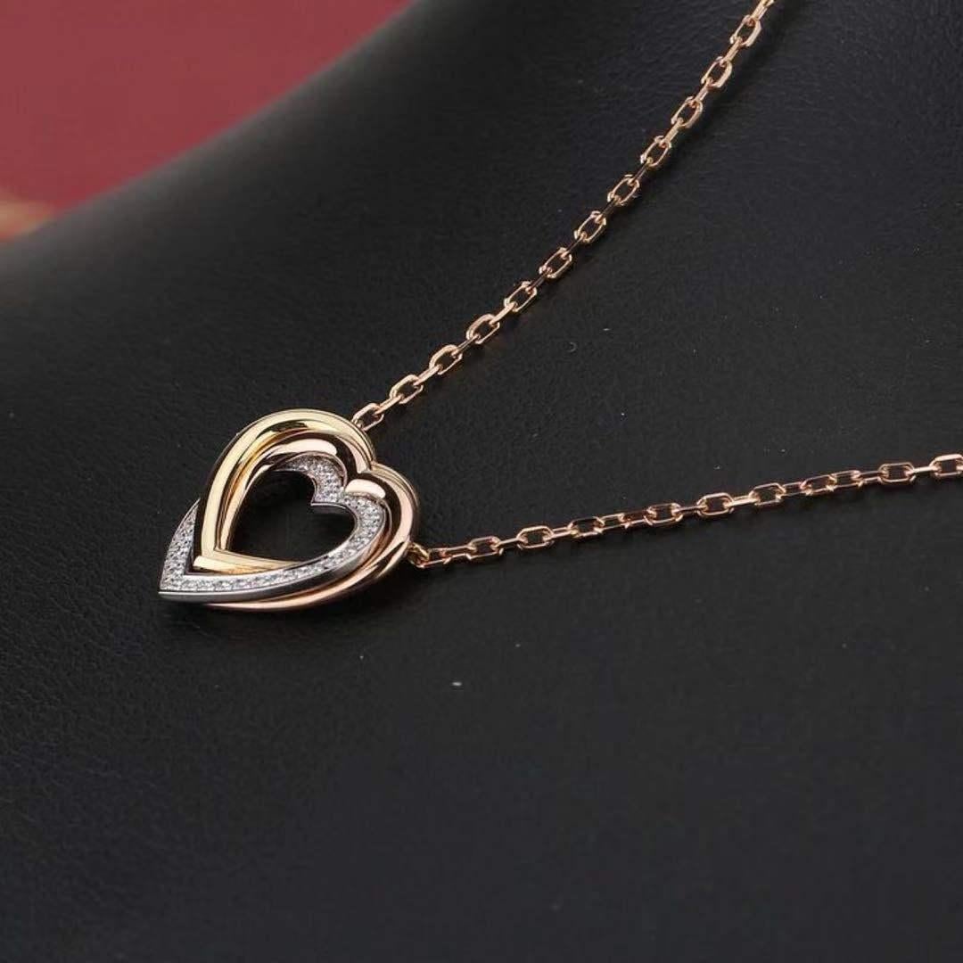 Cartier Trinity Heart Diamond 18k Yellow White Rose Gold Pendant Necklace In Excellent Condition In Banbury, GB