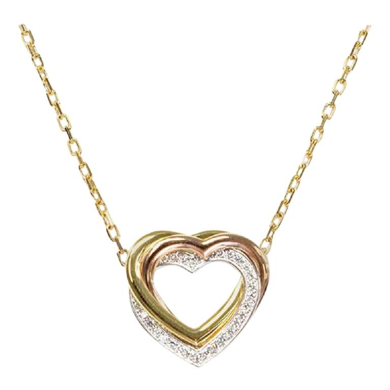 Cartier Trinity Heart Diamond 18k Yellow White Rose Gold Pendant Necklace
