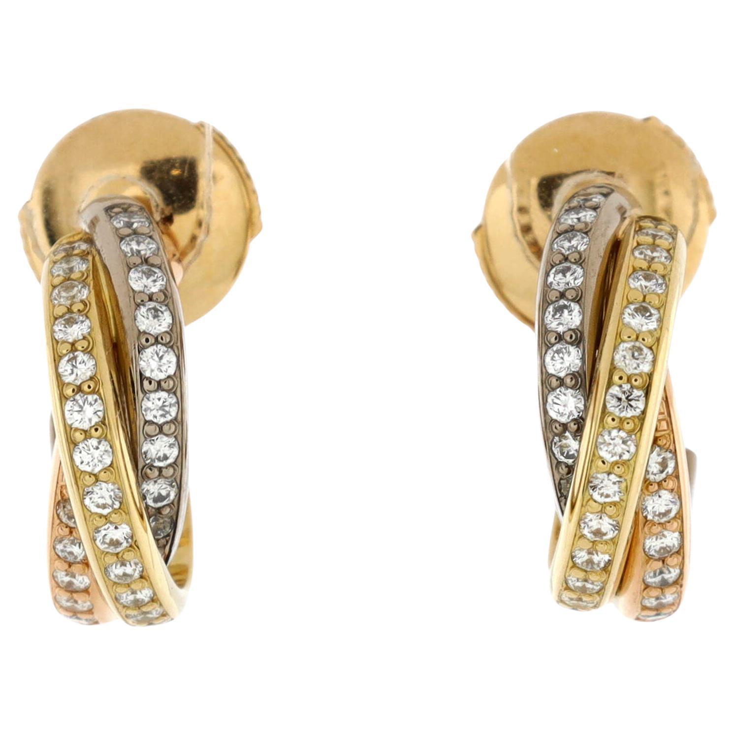 Cartier Trinity Hoop Earrings 18K Tricolor Gold with Pave Diamonds Small For Sale