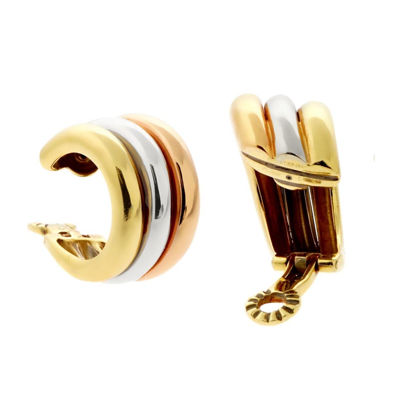 Women's or Men's Cartier Trinity Large Tri Color 18k Gold Hoop Earrings For Sale