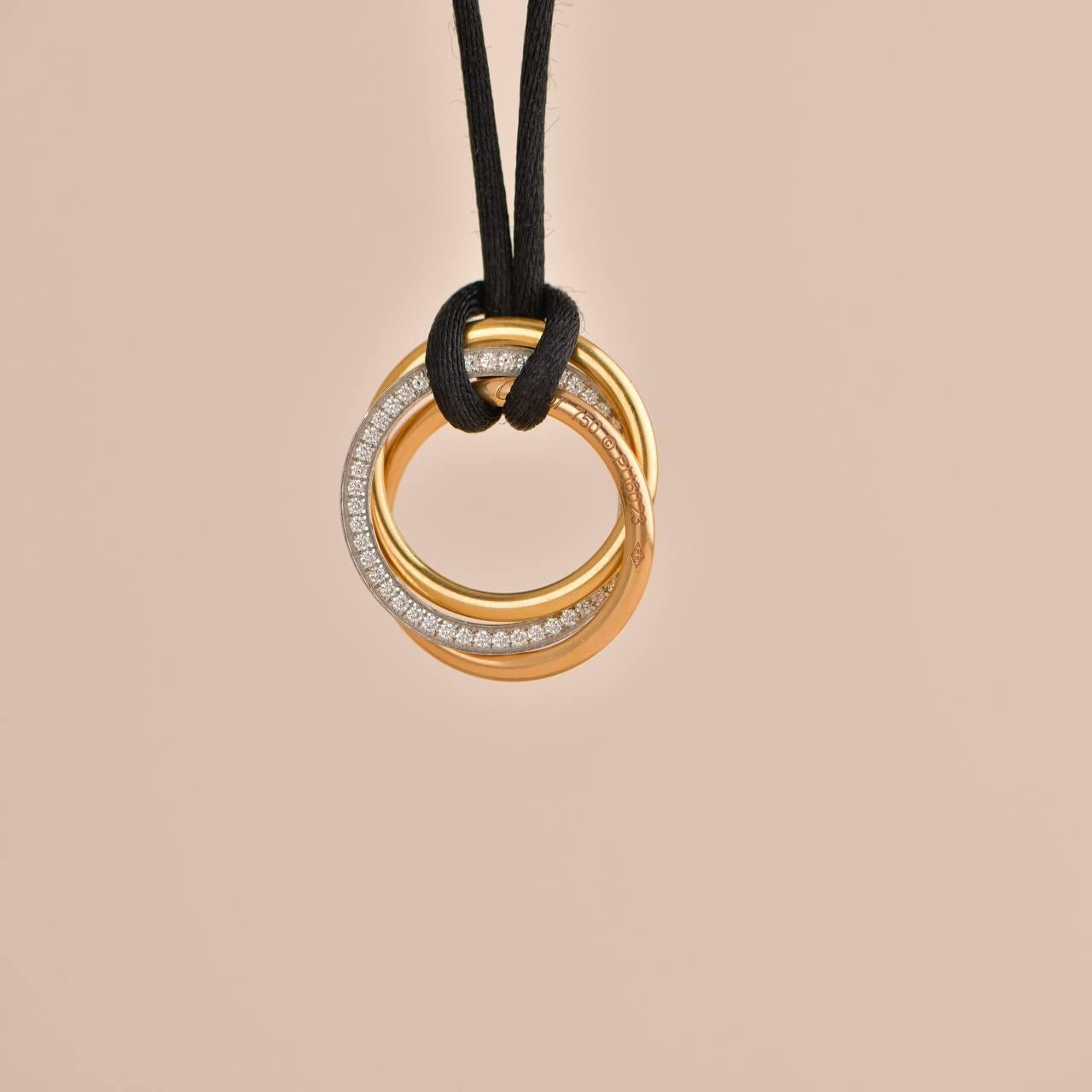 Cartier Trinity Medium Diamond Three Tone Gold Black Silk Cord Pendant 1