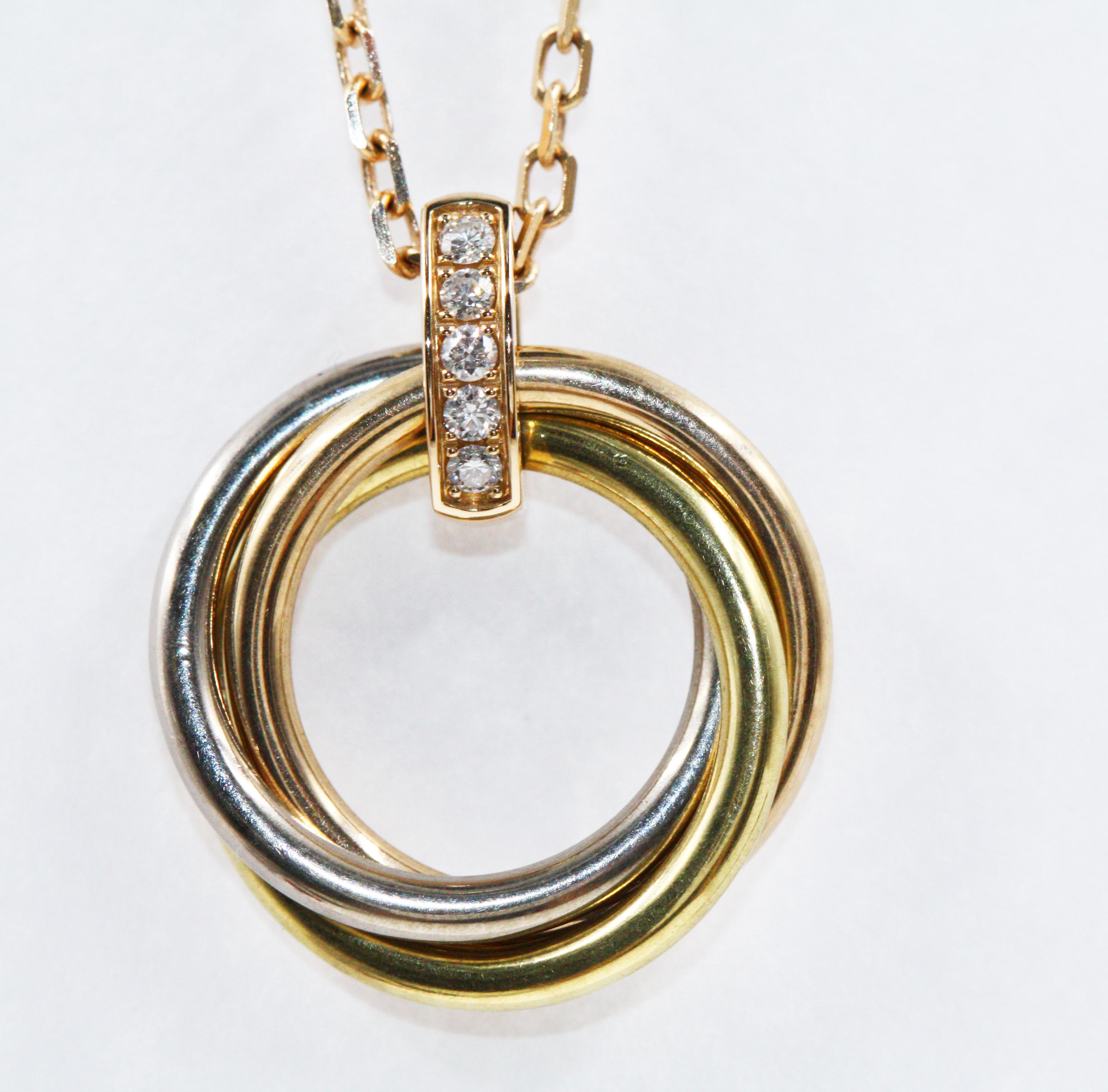 Cartier Trinity Necklace, 18 Karat White, Yellow and Pink Gold Diamonds In Excellent Condition For Sale In New York, NY