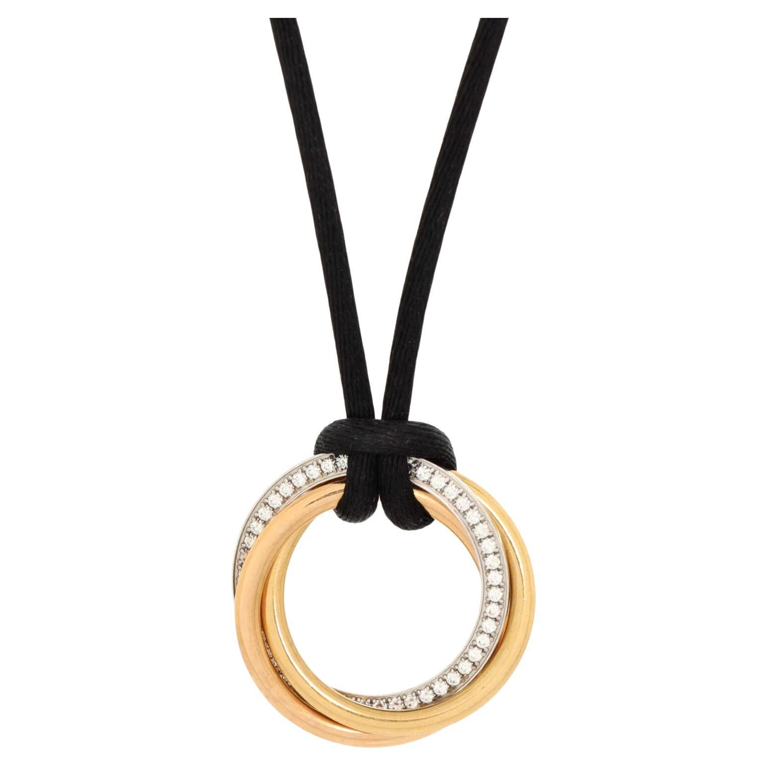 Cartier Trinity on Cord Necklace Silk Cord with 18K Tricolor Gold and Diamonds For Sale