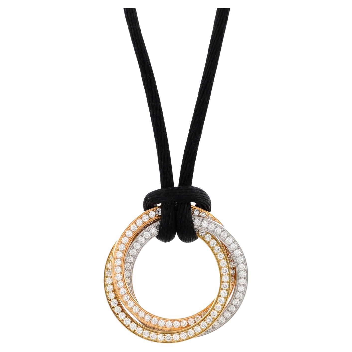 Cartier Trinity on Cord Necklace Silk Cord with 18k Tricolor Gold and Pav