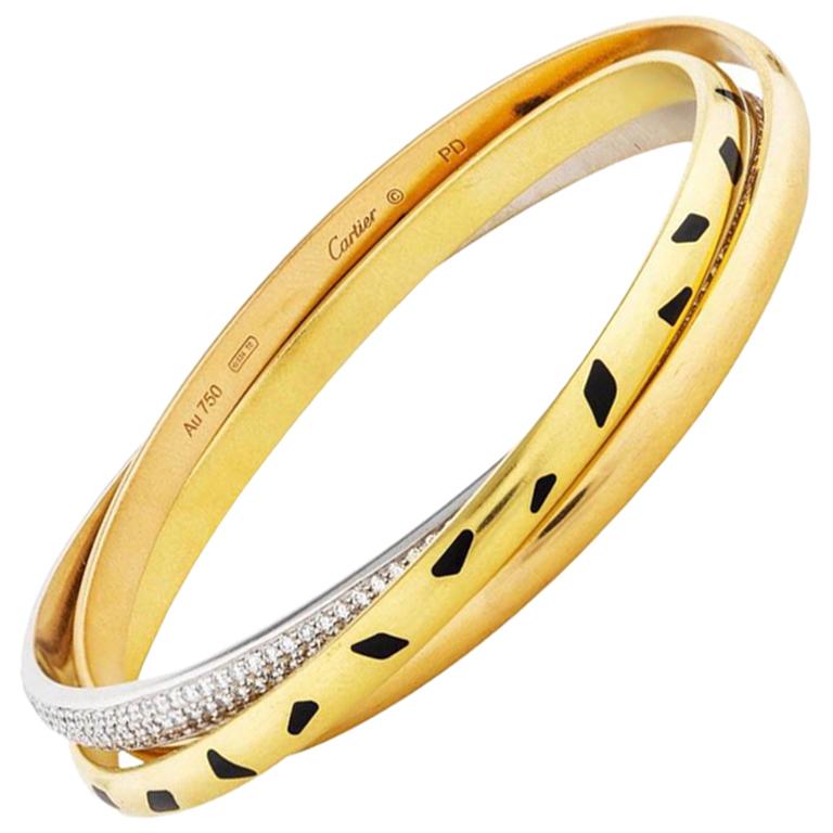 Cartier Trinity Panthere 18 Karat Yellow Gold Diamond Slip on Bangle