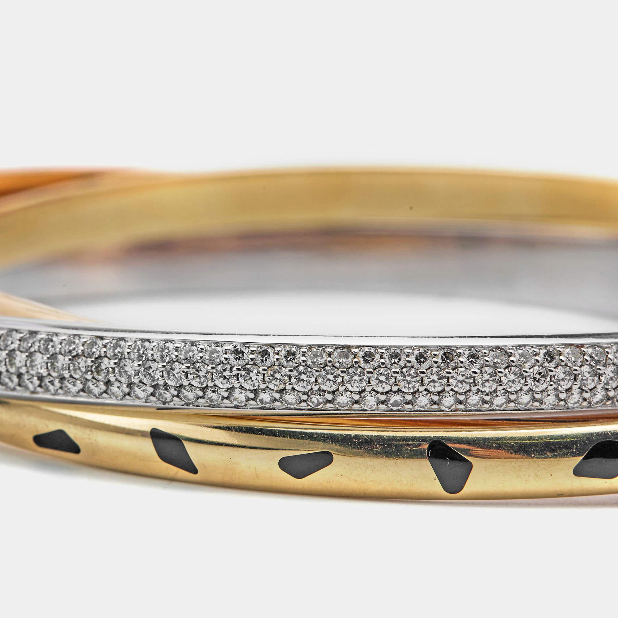 Cartier Trinity Panthere Diamond 18k Three Tone Gold Bangle Bracelet In Good Condition In Dubai, Al Qouz 2