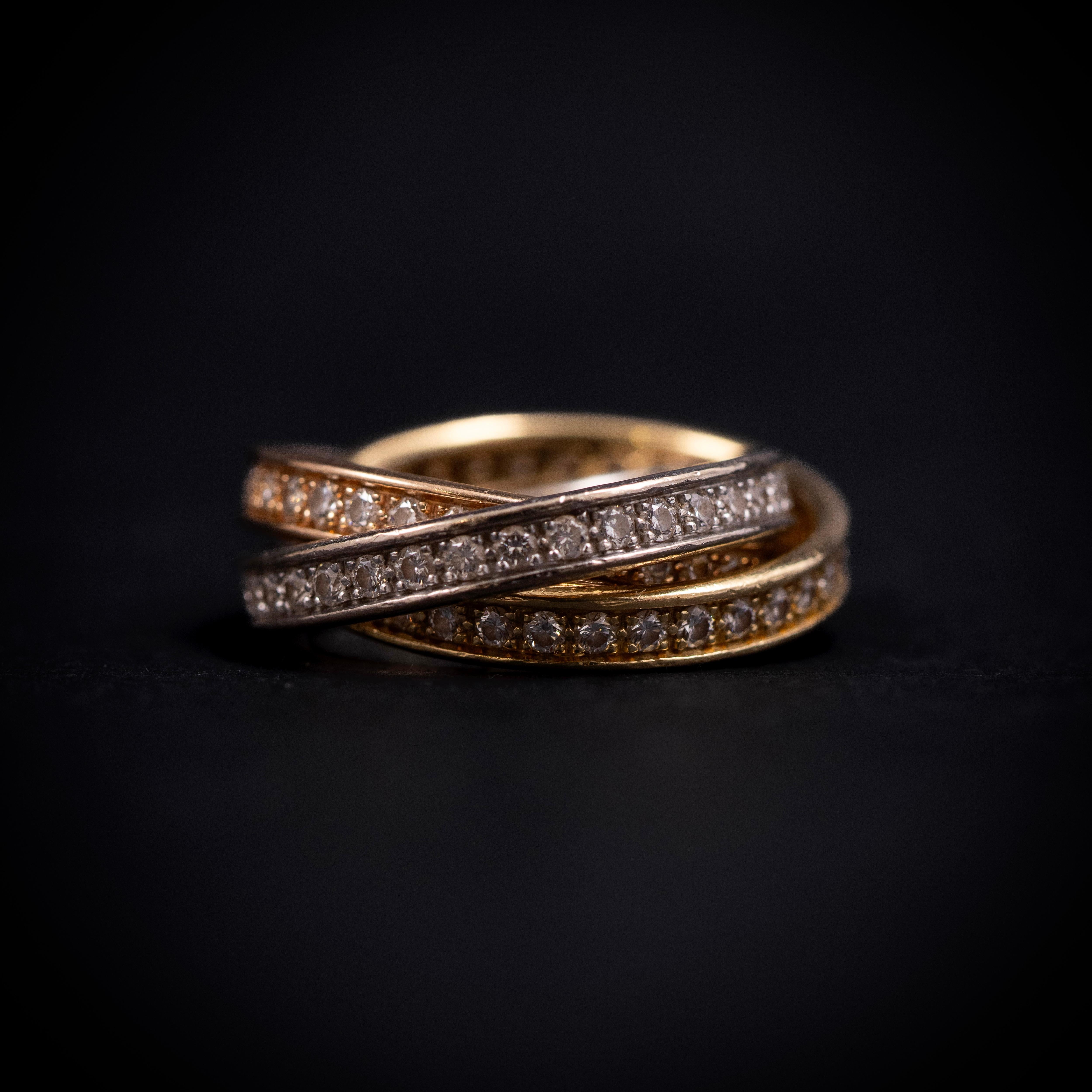 Modern Cartier Trinity Pavé Diamond Ring 18K Tricolor Yellow Rose White Gold Box Papers For Sale