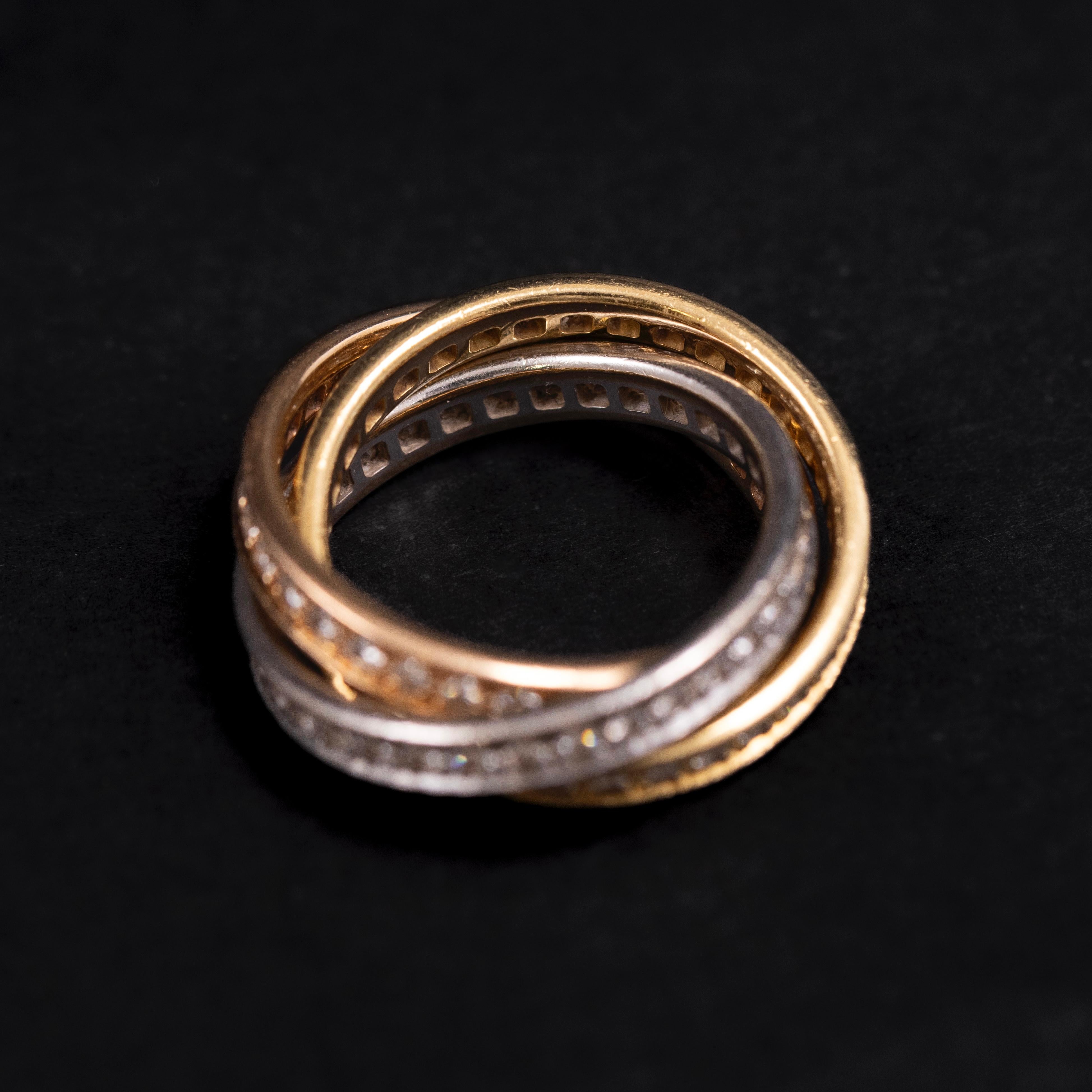 Cartier Trinity Pavé Diamond Ring 18K Tricolor Yellow Rose White Gold Box Papers In Good Condition For Sale In Lisbon, PT