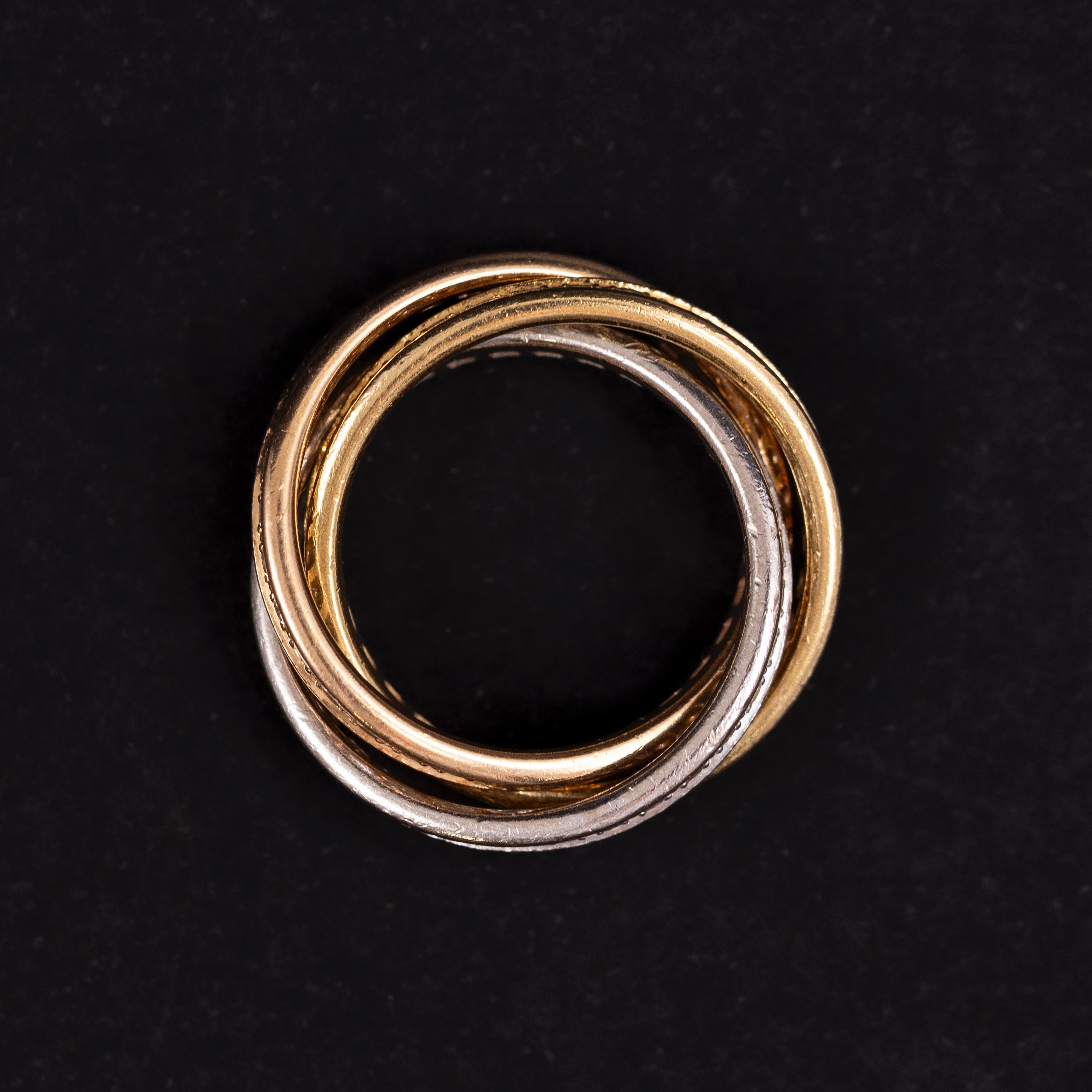 Women's or Men's Cartier Trinity Pavé Diamond Ring 18K Tricolor Yellow Rose White Gold Box Papers For Sale