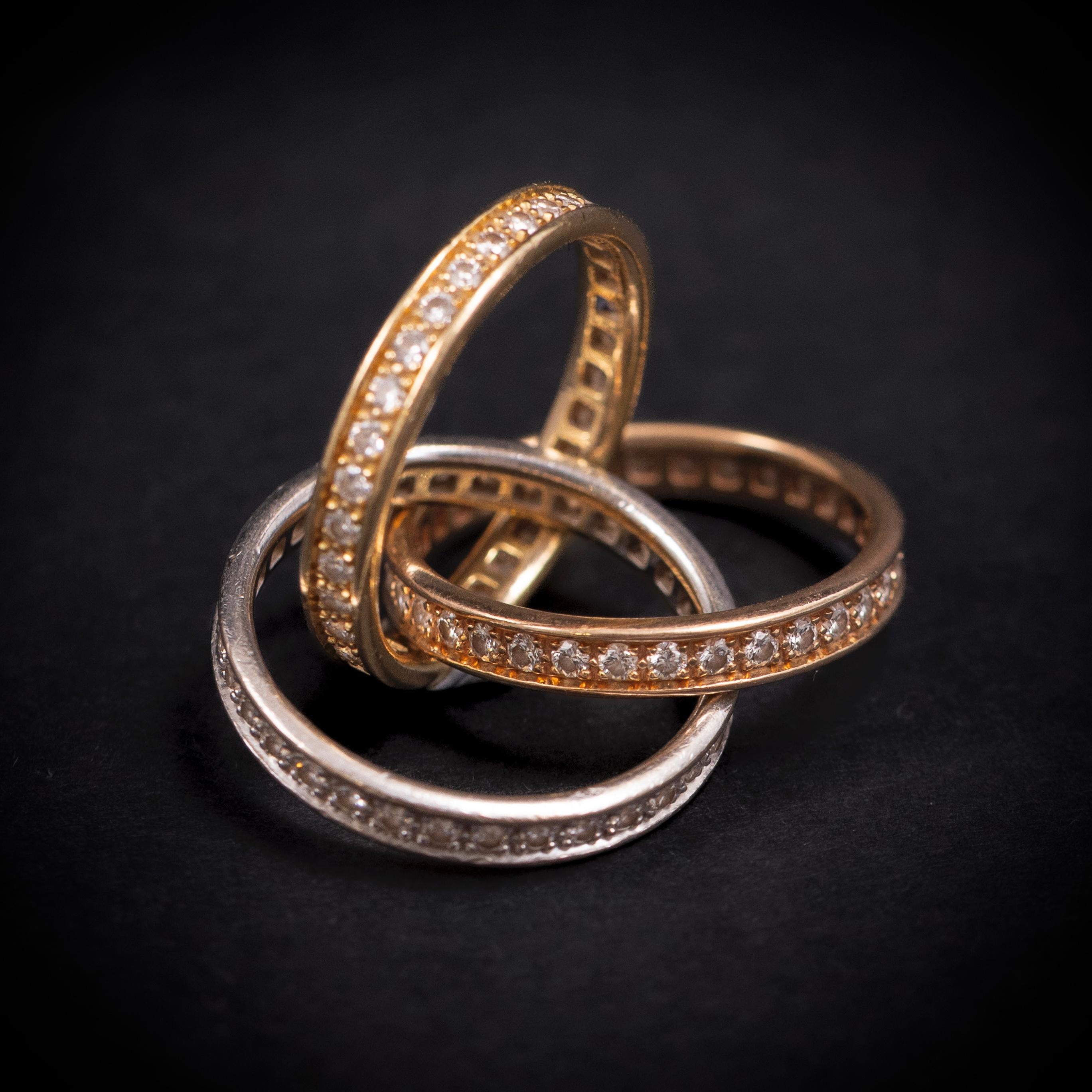 Cartier Trinity Pavé Diamond Ring 18K Tricolor Yellow Rose White Gold Box Papers For Sale 1