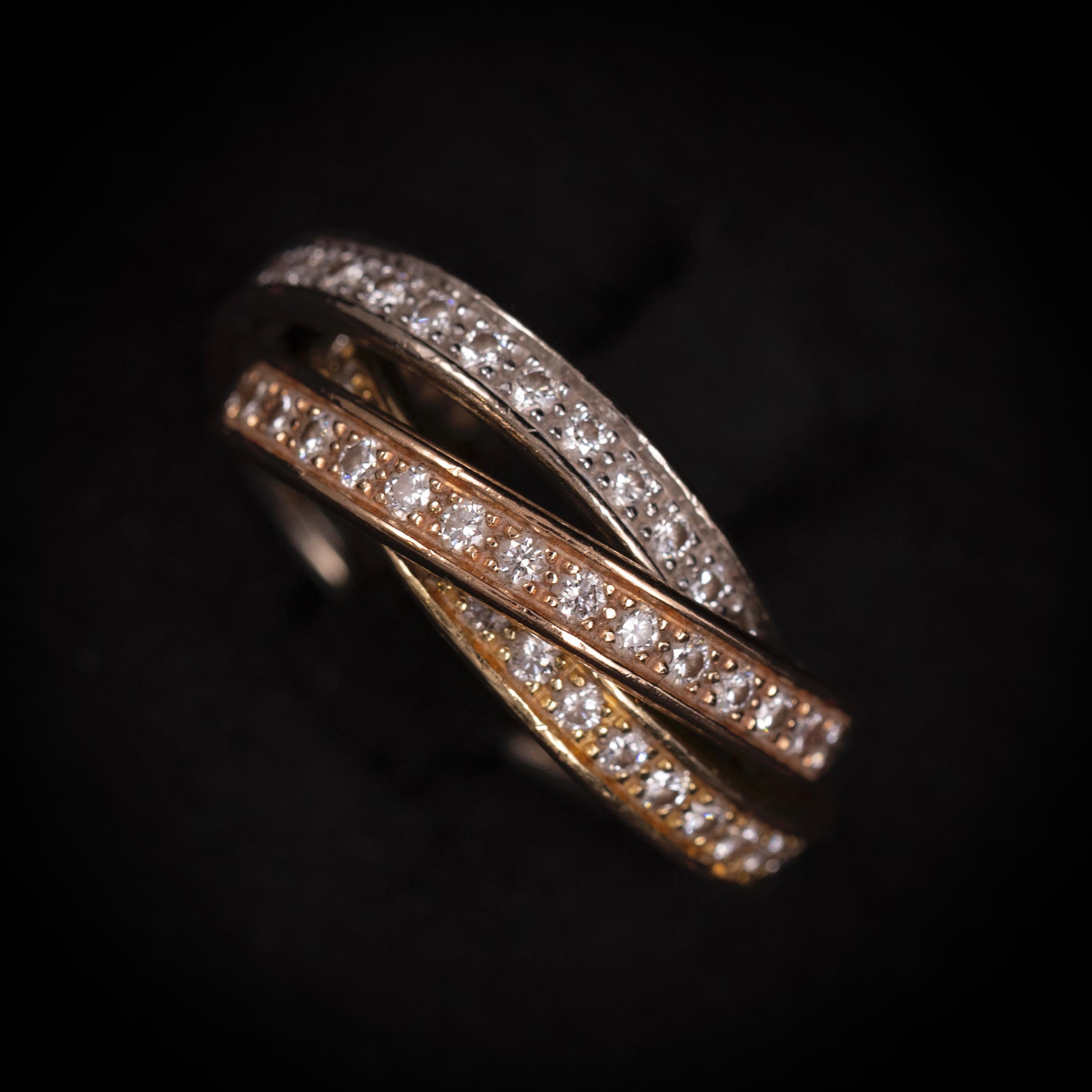 Cartier Trinity Pavé Diamond Ring 18K Tricolor Yellow Rose White Gold Box Papers For Sale 2