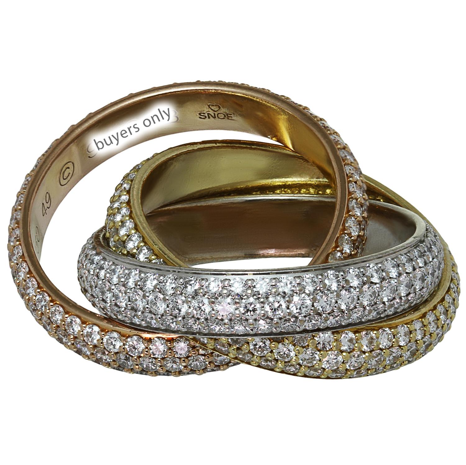 Brilliant Cut CARTIER Trinity Pave Diamond Tri-Color Gold Band Ring For Sale