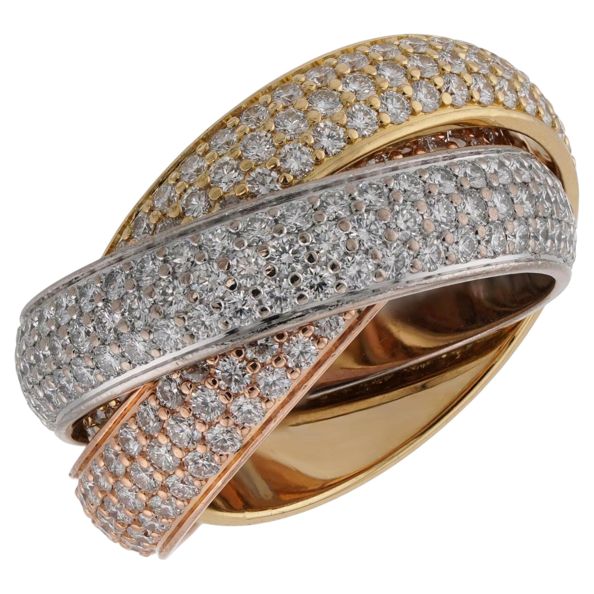 CARTIER Trinity Pave Diamond Tri-Gold Large Ring For Sale
