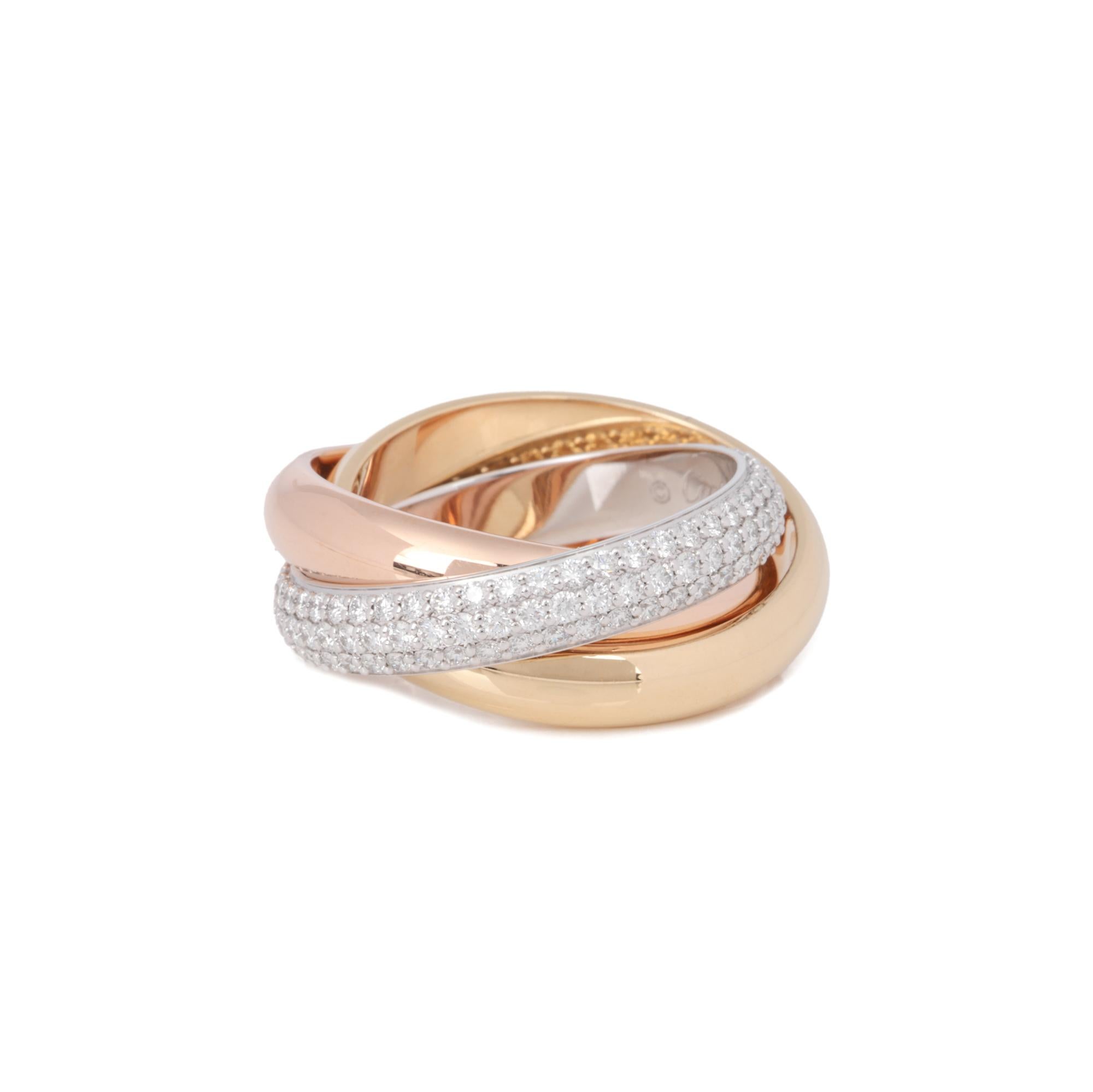 Cartier Pave Diamond 18ct White Gold, 18ct Yellow Gold And 18ct Rose Gold Trinity Ring

Brand Cartier
Model Trinity Pave Band Ring
Product Type Ring
Serial Number H*****
Accompanied By Cartier Box, Service Papers
Material(s) 18ct White Gold, 18ct