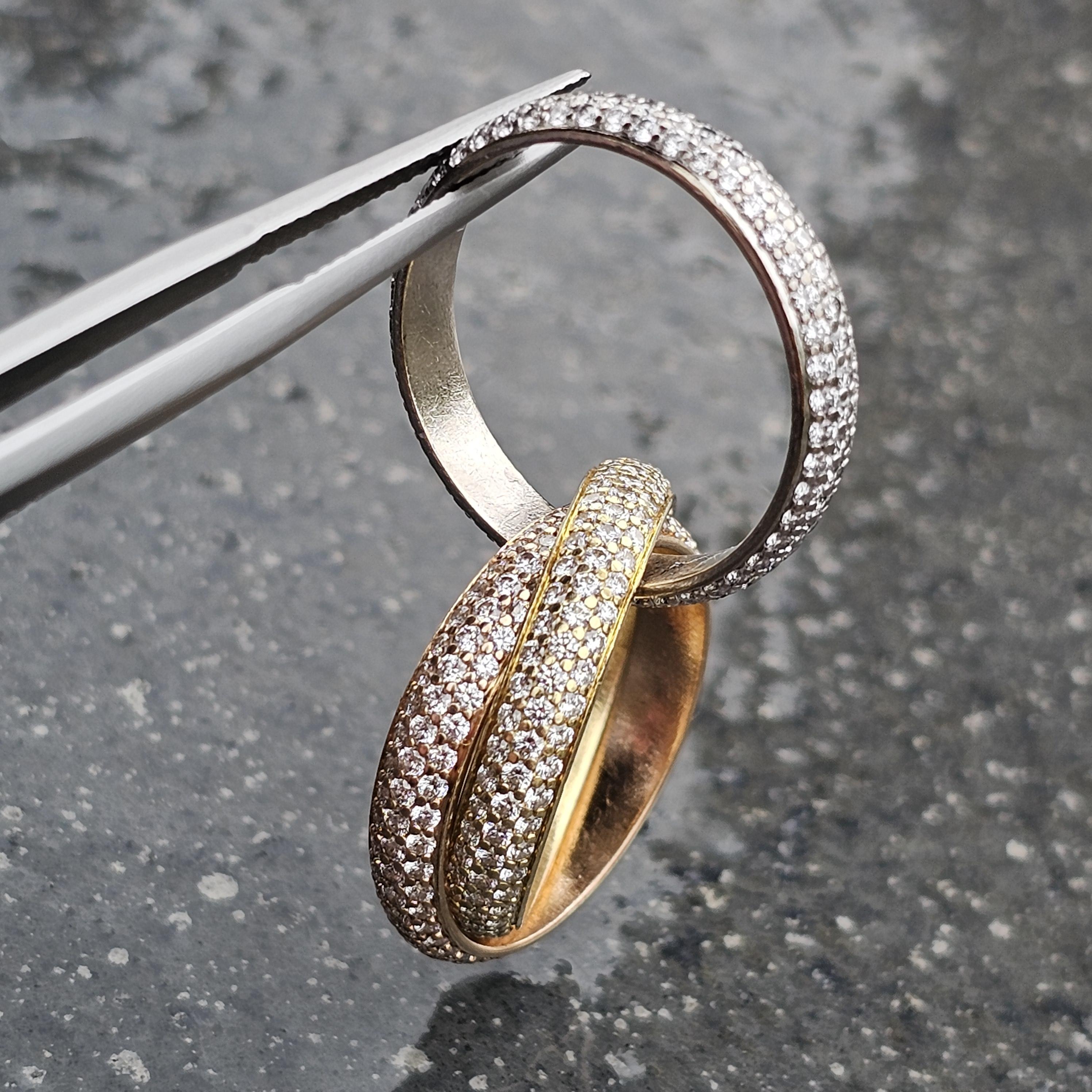 Cartier Trinity Paved Diamond Ring 1.93ct 18k Rose White Yellow Gold sz 52 US 6 en Bueno estado para la venta en Northbrook, IL