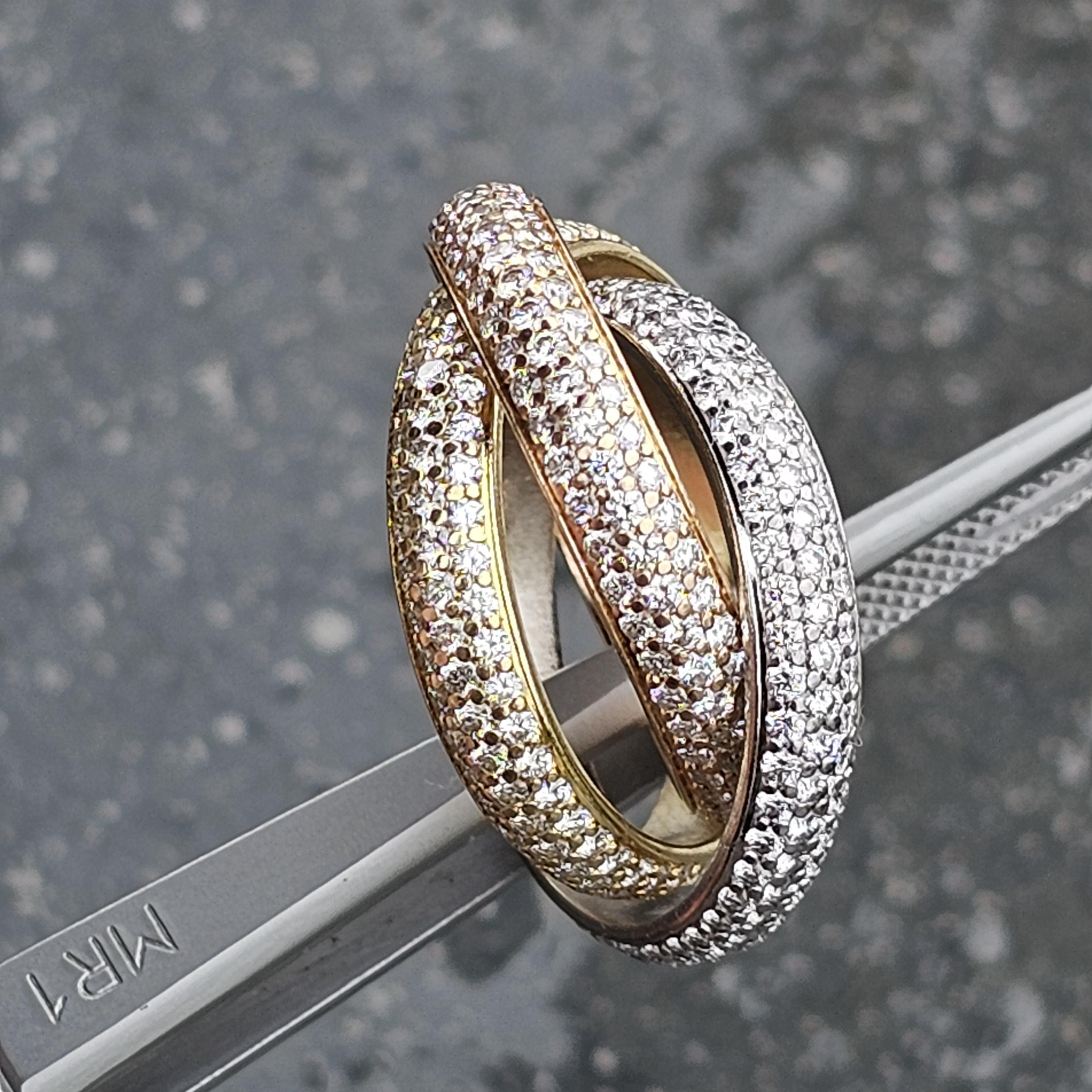De las mujeres Cartier Trinity Paved Diamond Ring 1.93ct 18k Rose White Yellow Gold sz 52 US 6 en venta