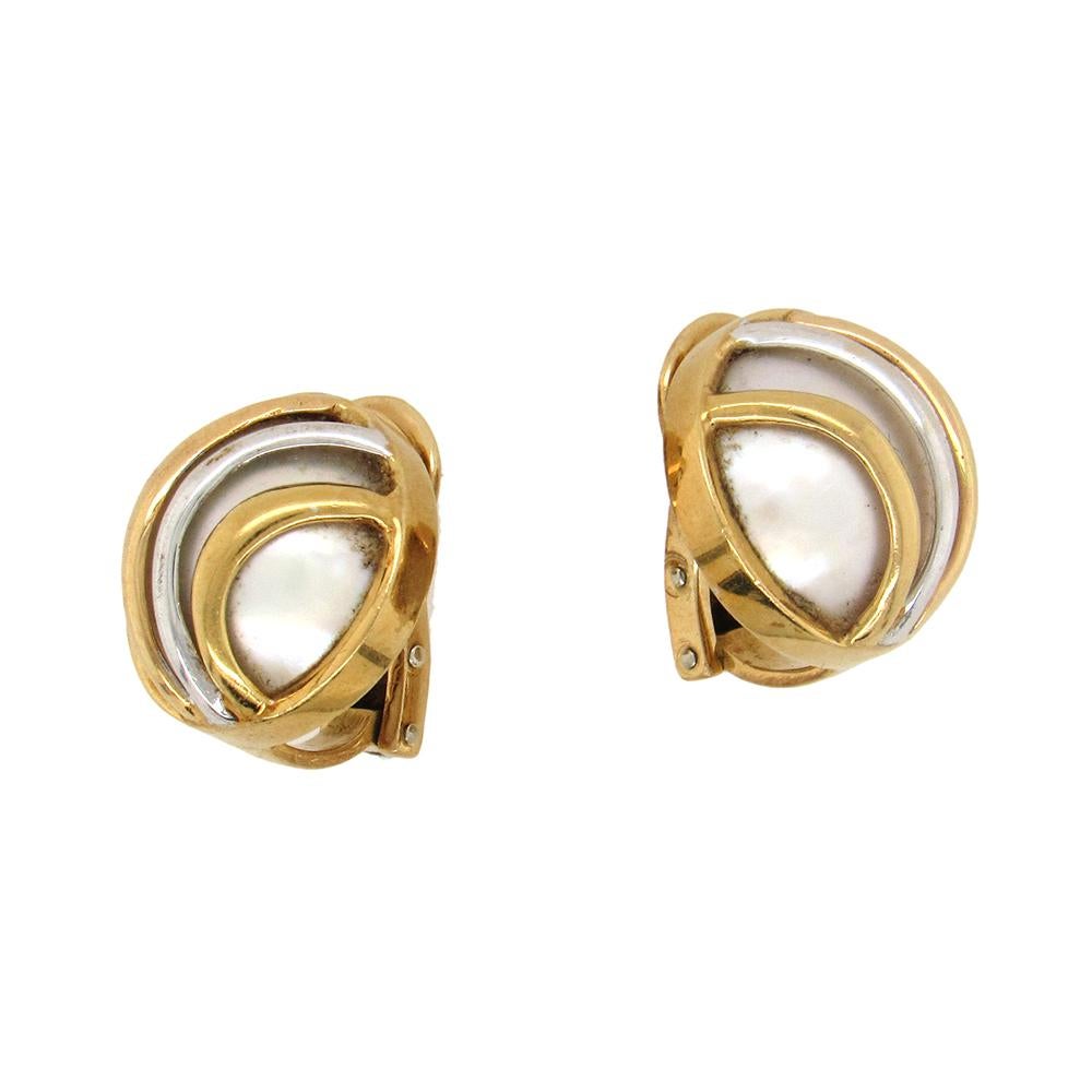 18K tri-color Cartier Trinity blister pearl earring studs from a private estate measure 5/8