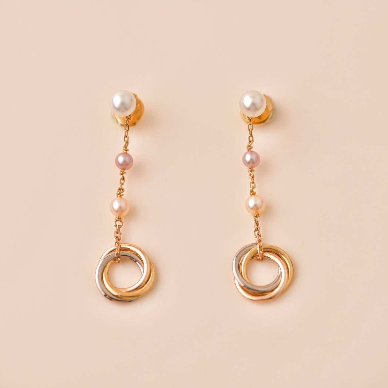 Uncut Cartier Trinity Pearl Drop 18K Rose Gold Earrings