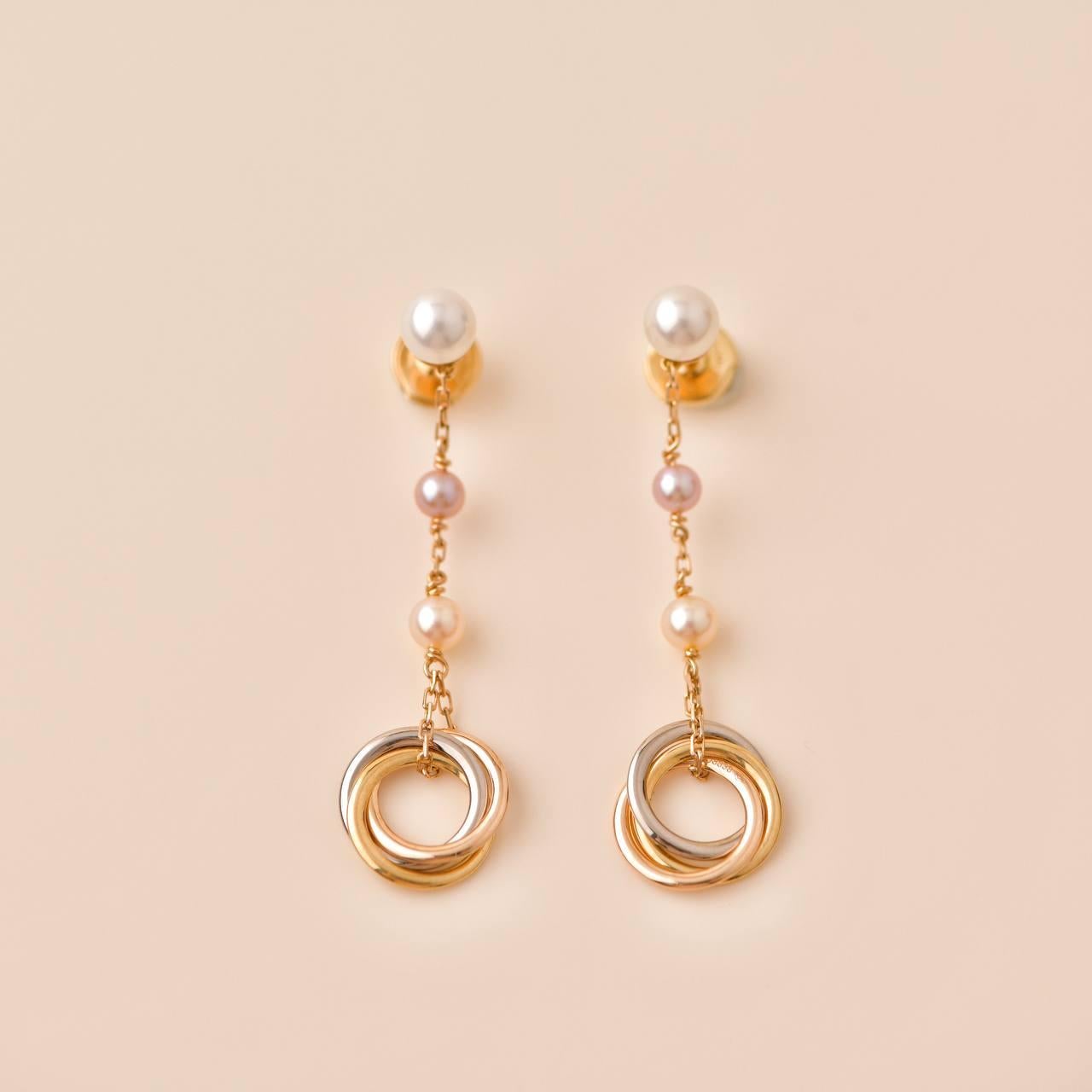 Cartier Trinity Pearl Drop 18K Rose Gold Earrings In Excellent Condition In Banbury, GB