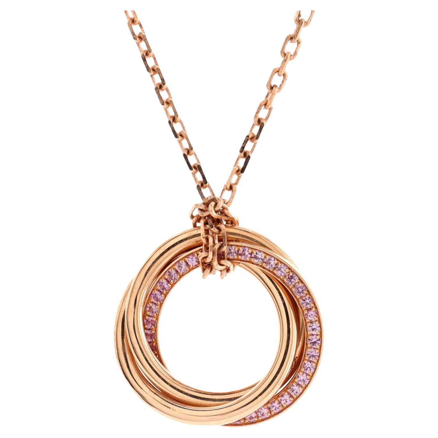 Cartier, collier Trinity pendentif en or rose 18 carats avec saphirs roses pavés en vente