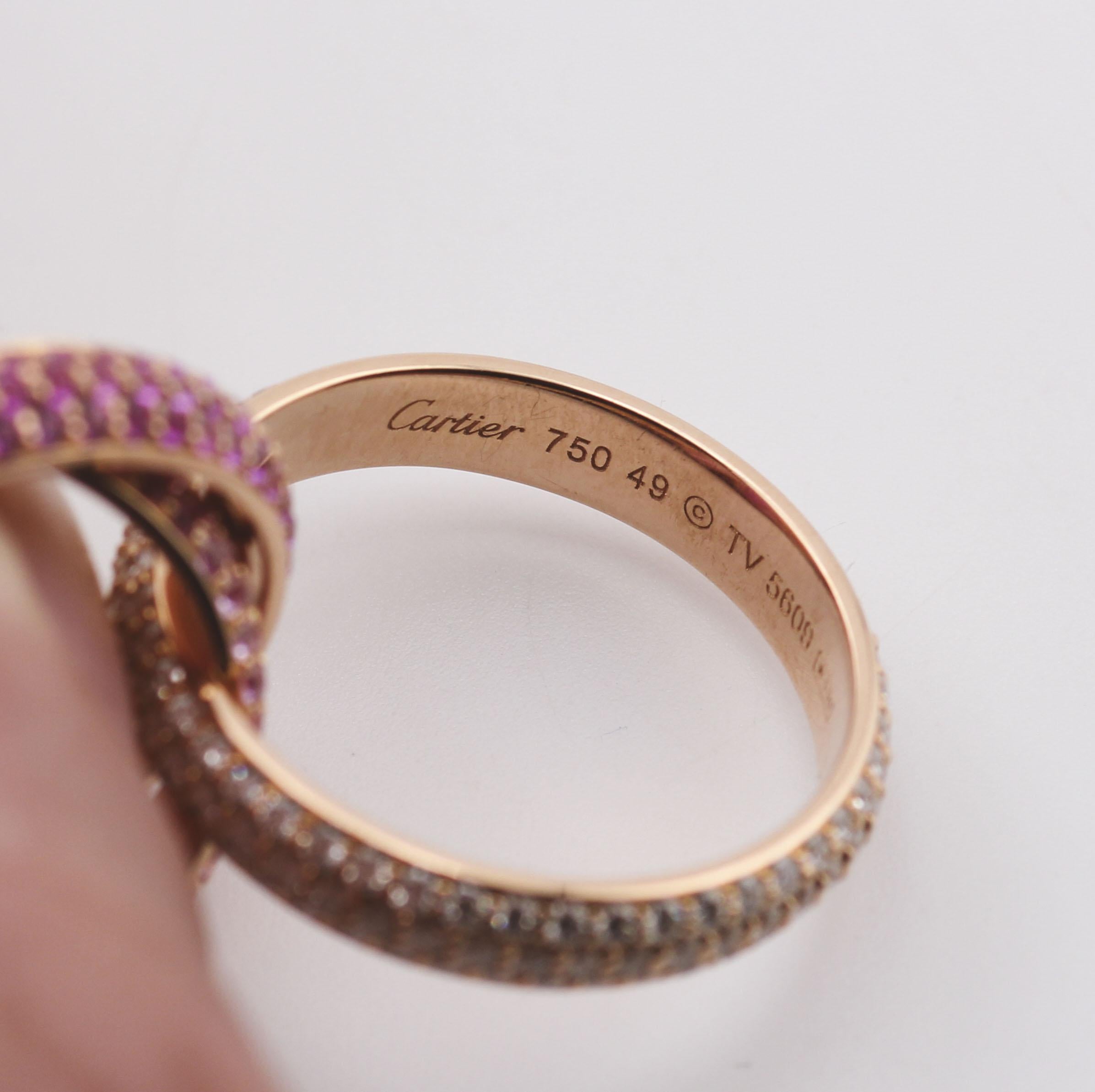 Brilliant Cut Cartier Trinity Pink Sapphire Ruby Diamond 18K Rose Gold Band Ring Size 49 For Sale