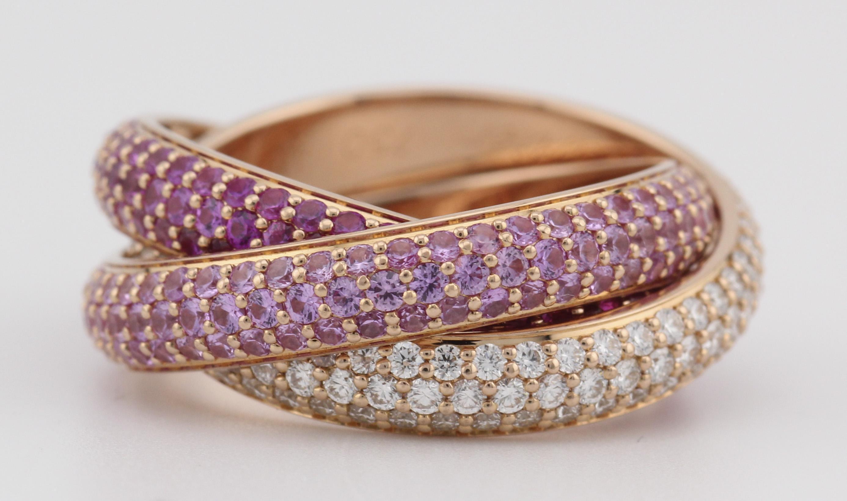 Women's Cartier Trinity Pink Sapphire Ruby Diamond 18K Rose Gold Band Ring Size 49 For Sale