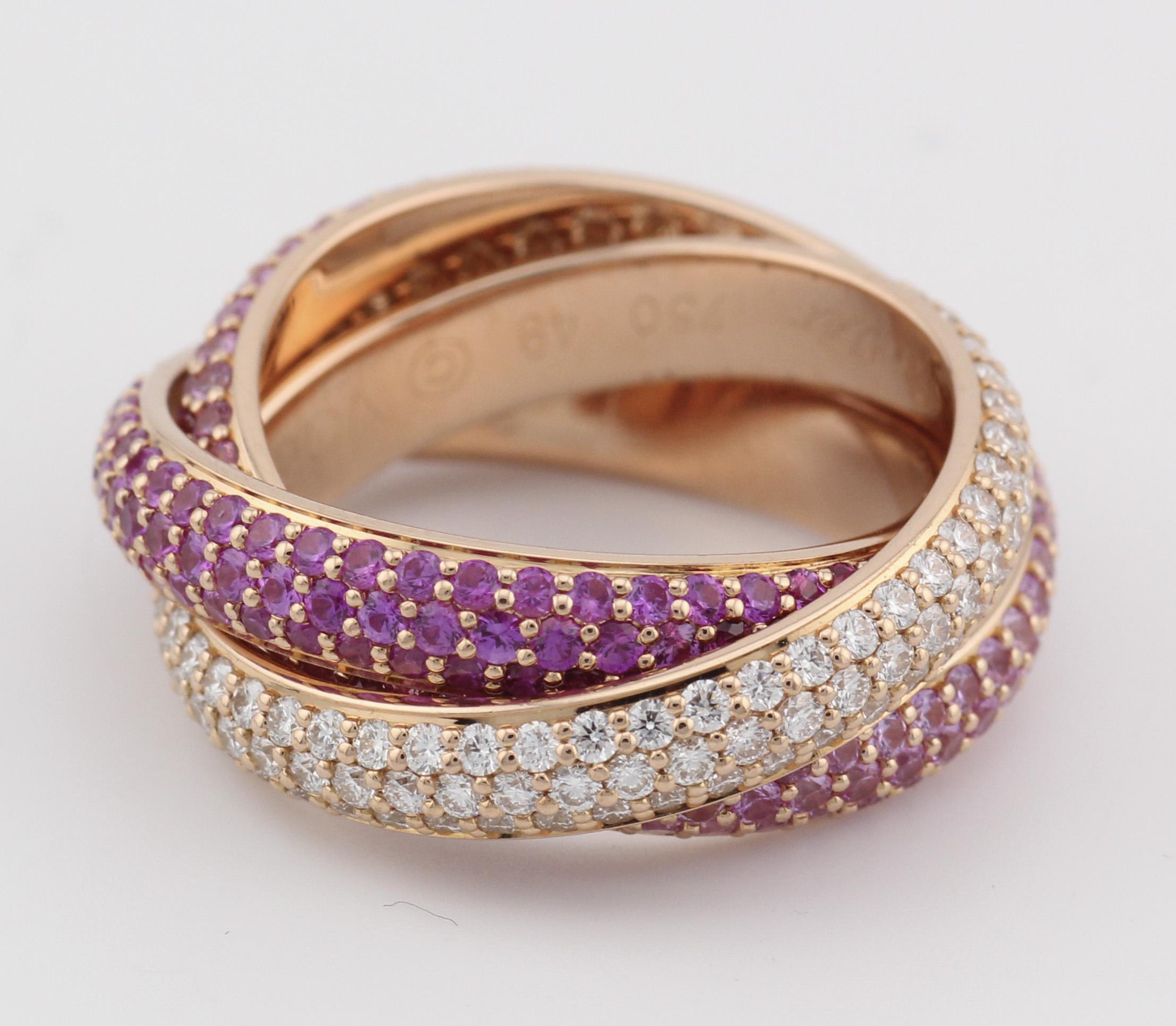Cartier Trinity Pink Sapphire Ruby Diamond 18K Rose Gold Band Ring Size 49 For Sale 2