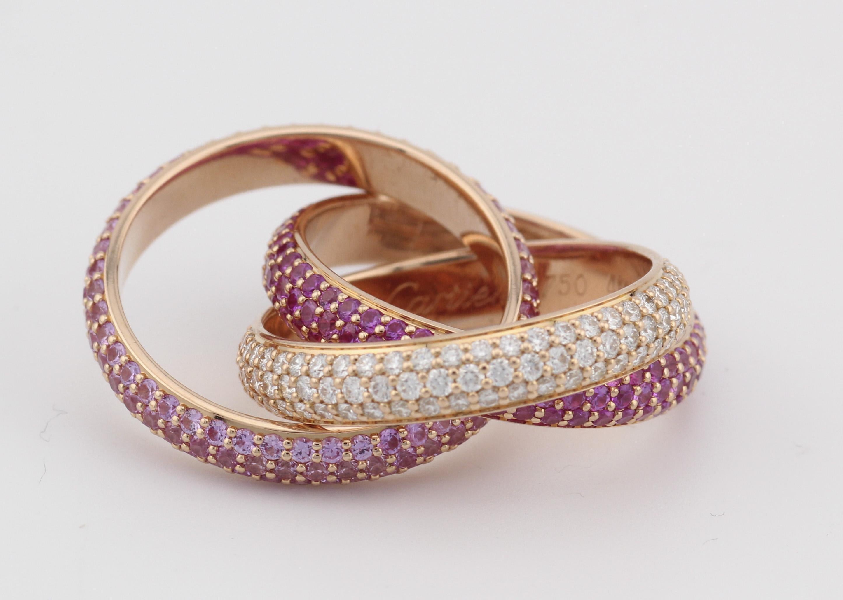 Cartier Trinity Pink Sapphire Ruby Diamond 18K Rose Gold Band Ring Size 49 For Sale 3