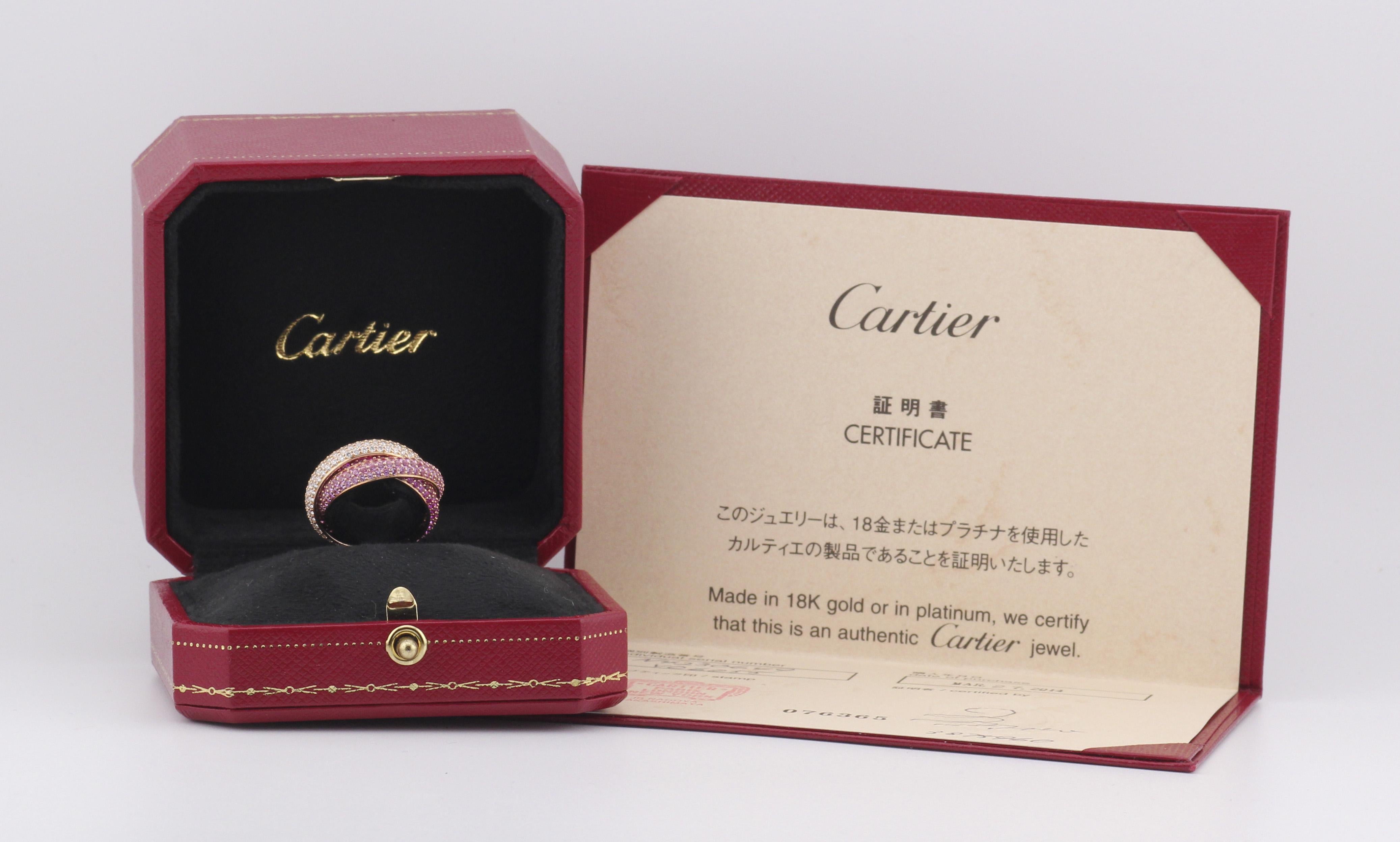 Cartier Trinity Pink Sapphire Ruby Diamond 18K Rose Gold Band Ring Size 49 For Sale 4