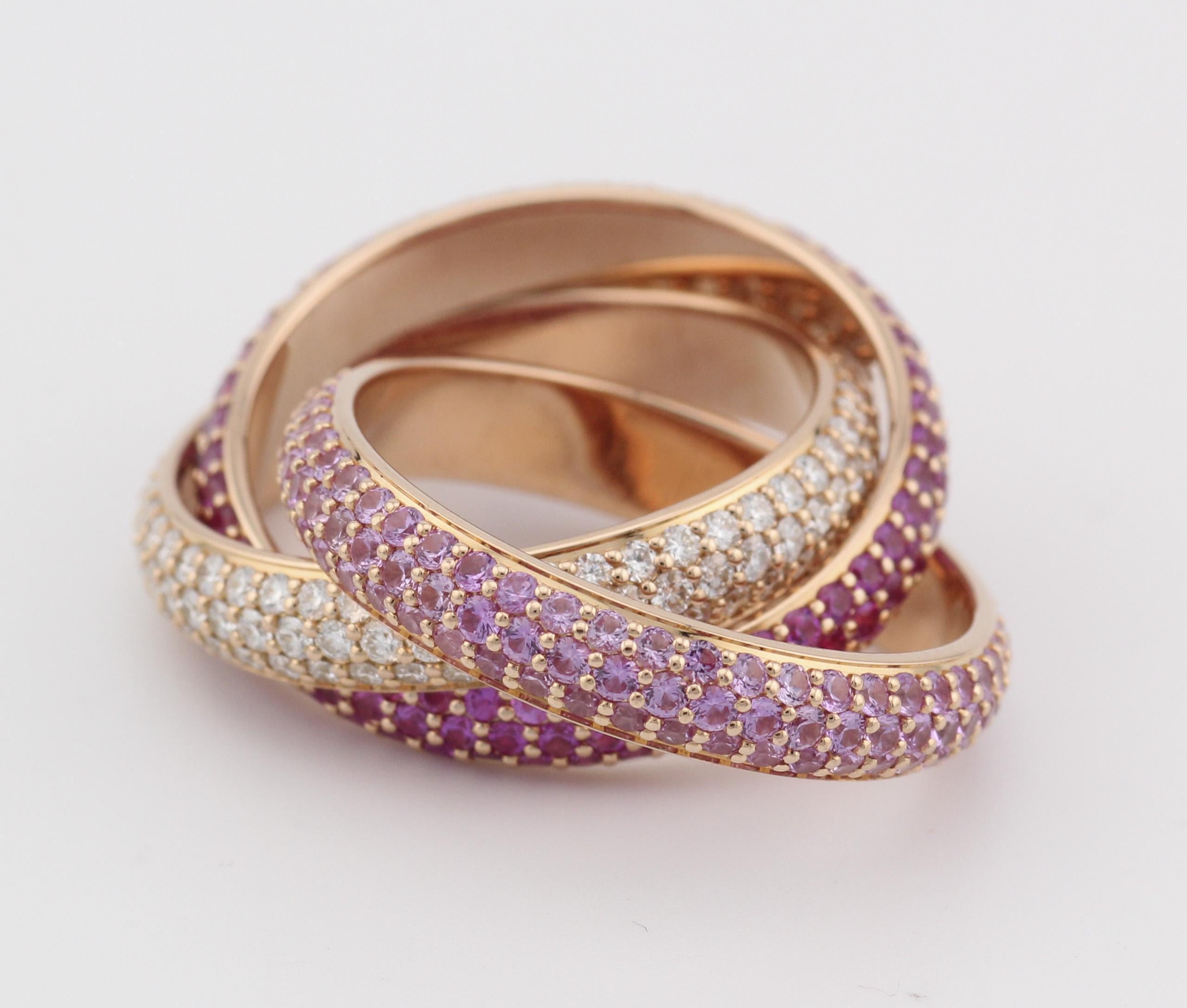 Cartier Trinity Pink Sapphire Ruby Diamond 18K Rose Gold Band Ring Size 49 For Sale 4