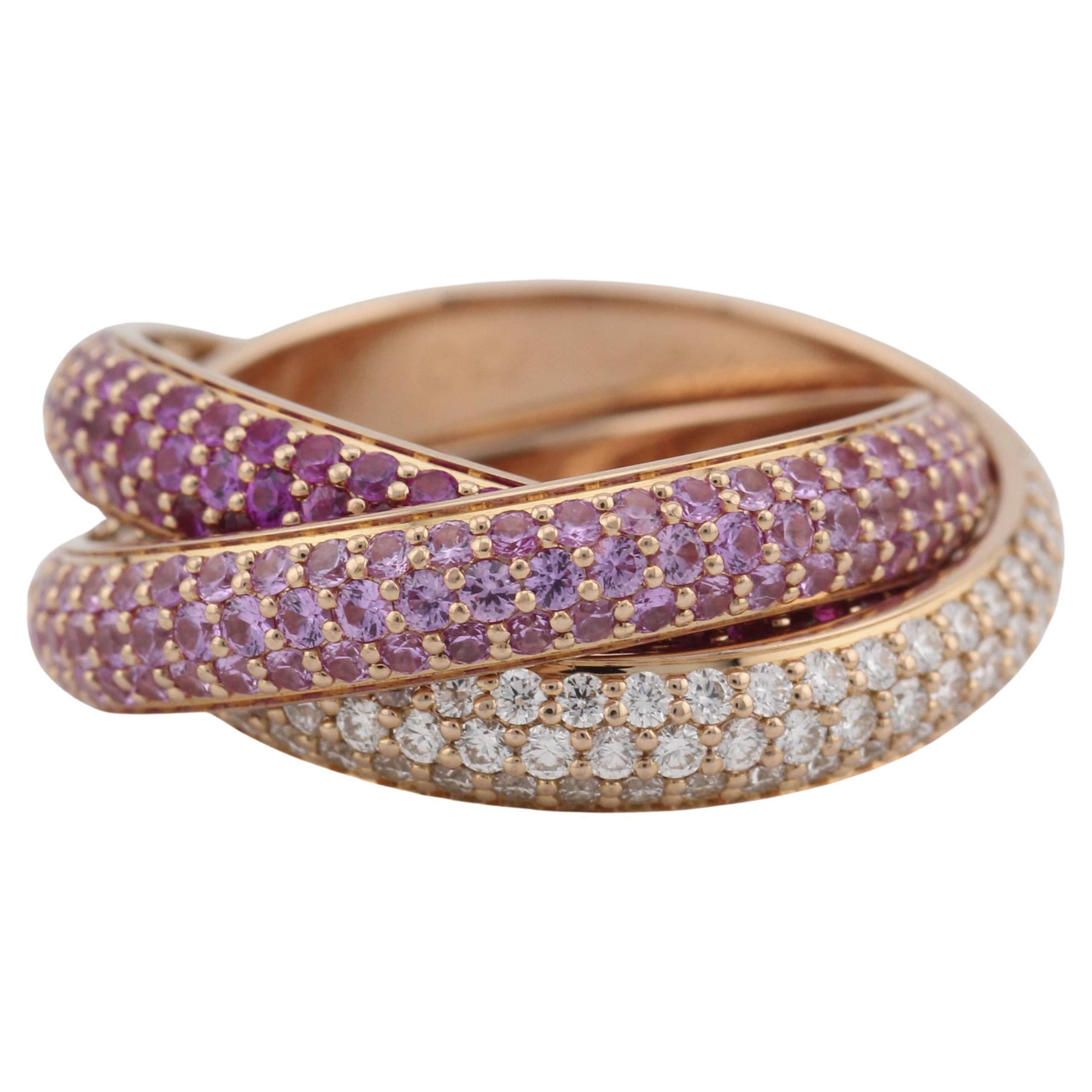 Cartier Trinity 18K Roségold Bandring Größe 49, Trinity Rosa Saphir Rubin Diamant