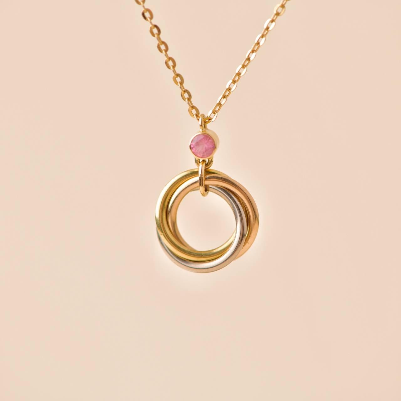 Cartier Trinity Pink Sapphire Yellow Rose and White Gold Pendant Necklace In Excellent Condition In Banbury, GB