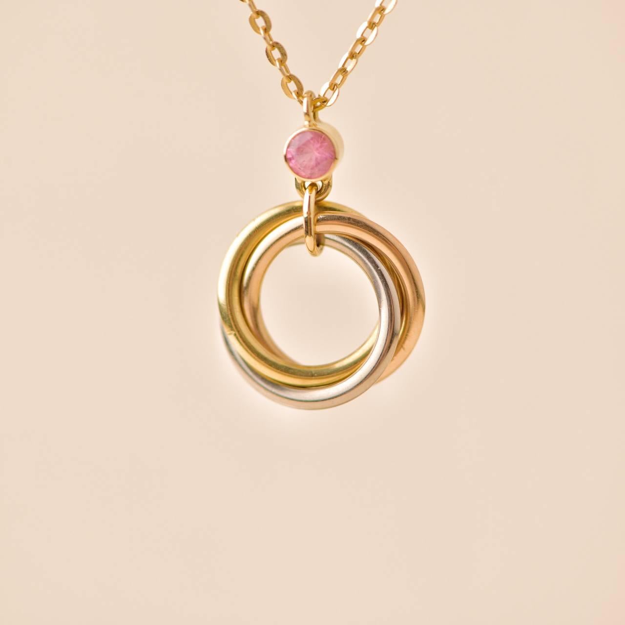 Women's or Men's Cartier Trinity Pink Sapphire Yellow Rose and White Gold Pendant Necklace