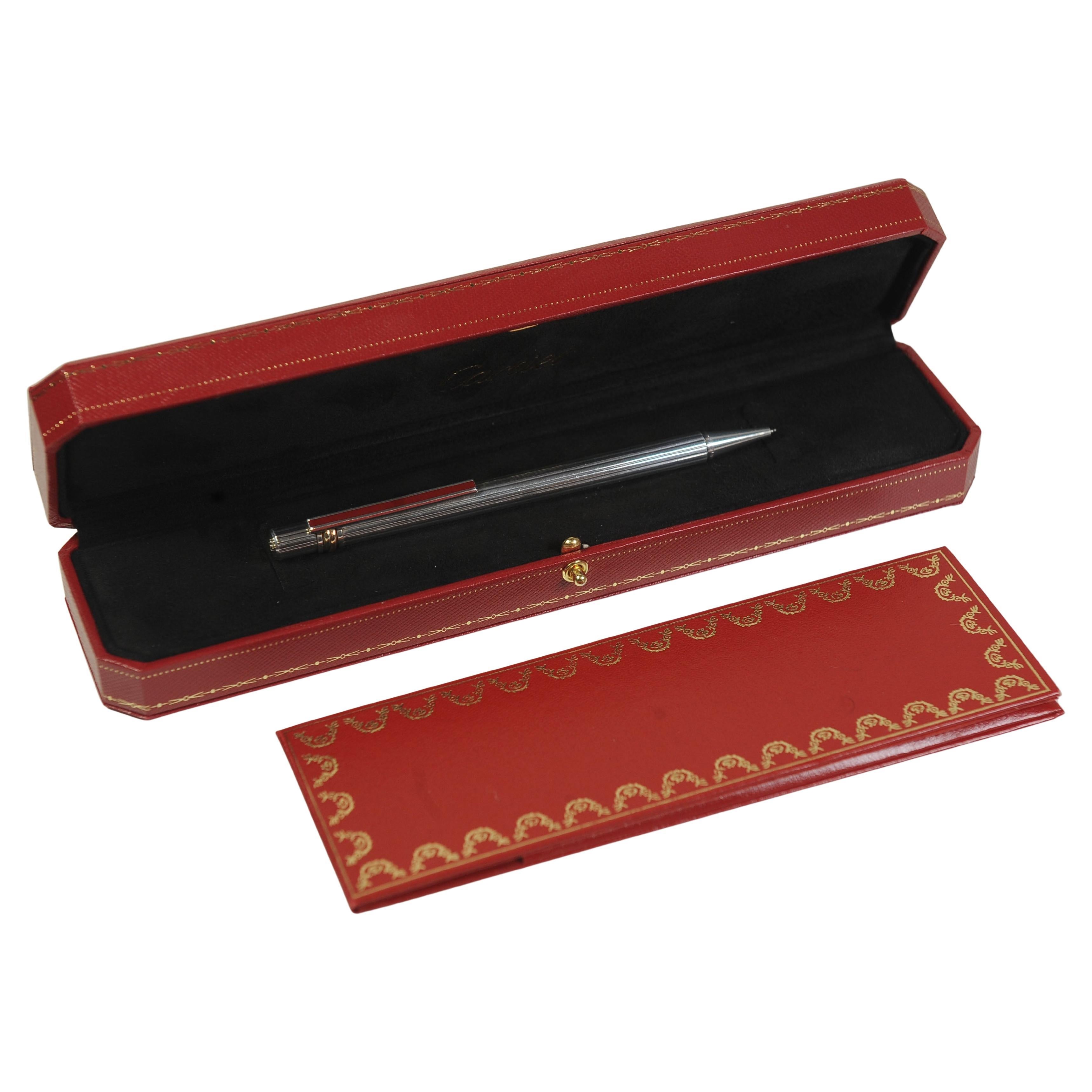 Art Deco Cartier Trinity Ribbed Silver Plated Pen With Red Cartier Box & Red Enamel Clip For Sale
