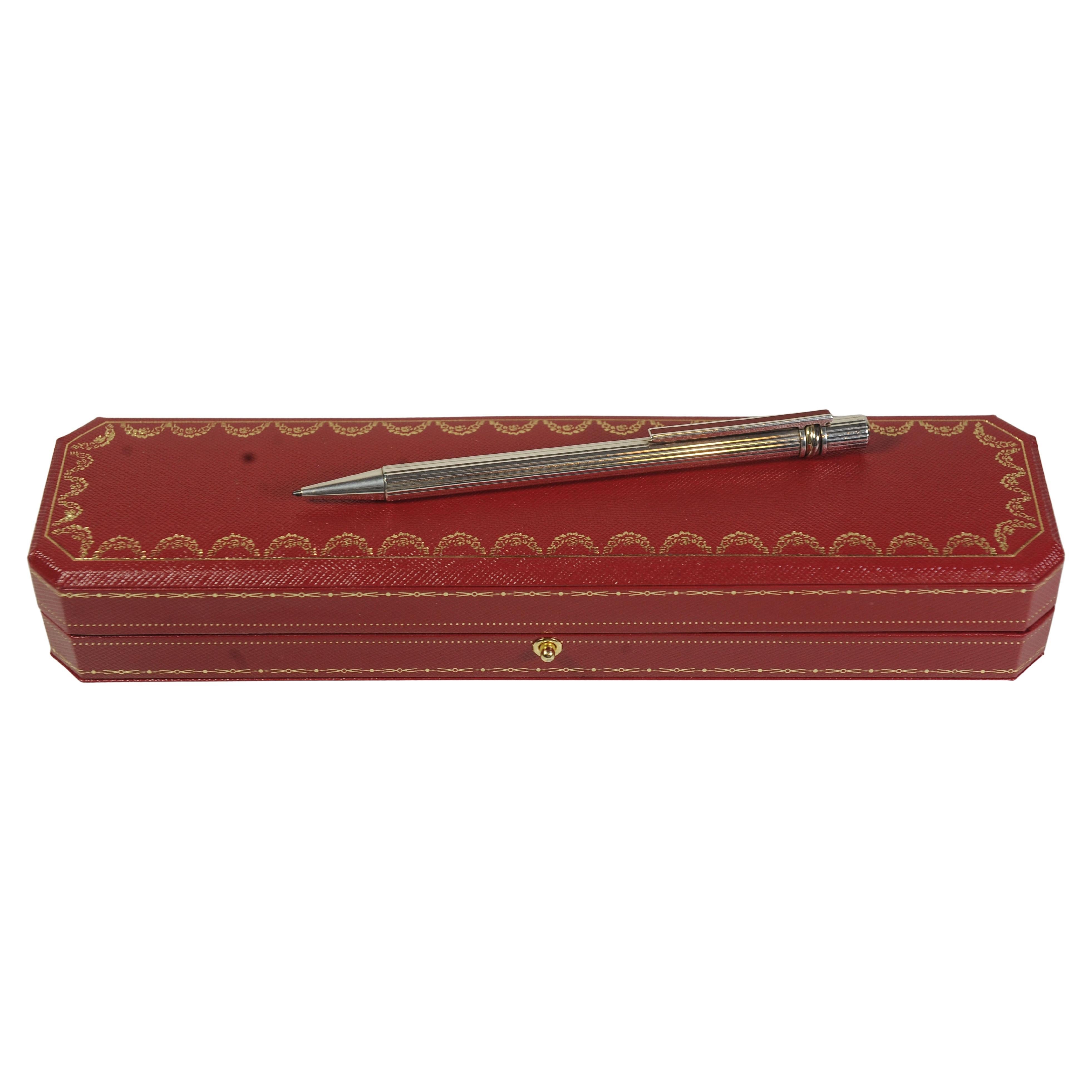 Leather Cartier Trinity Ribbed Silver Plated Pen With Red Cartier Box & Red Enamel Clip For Sale