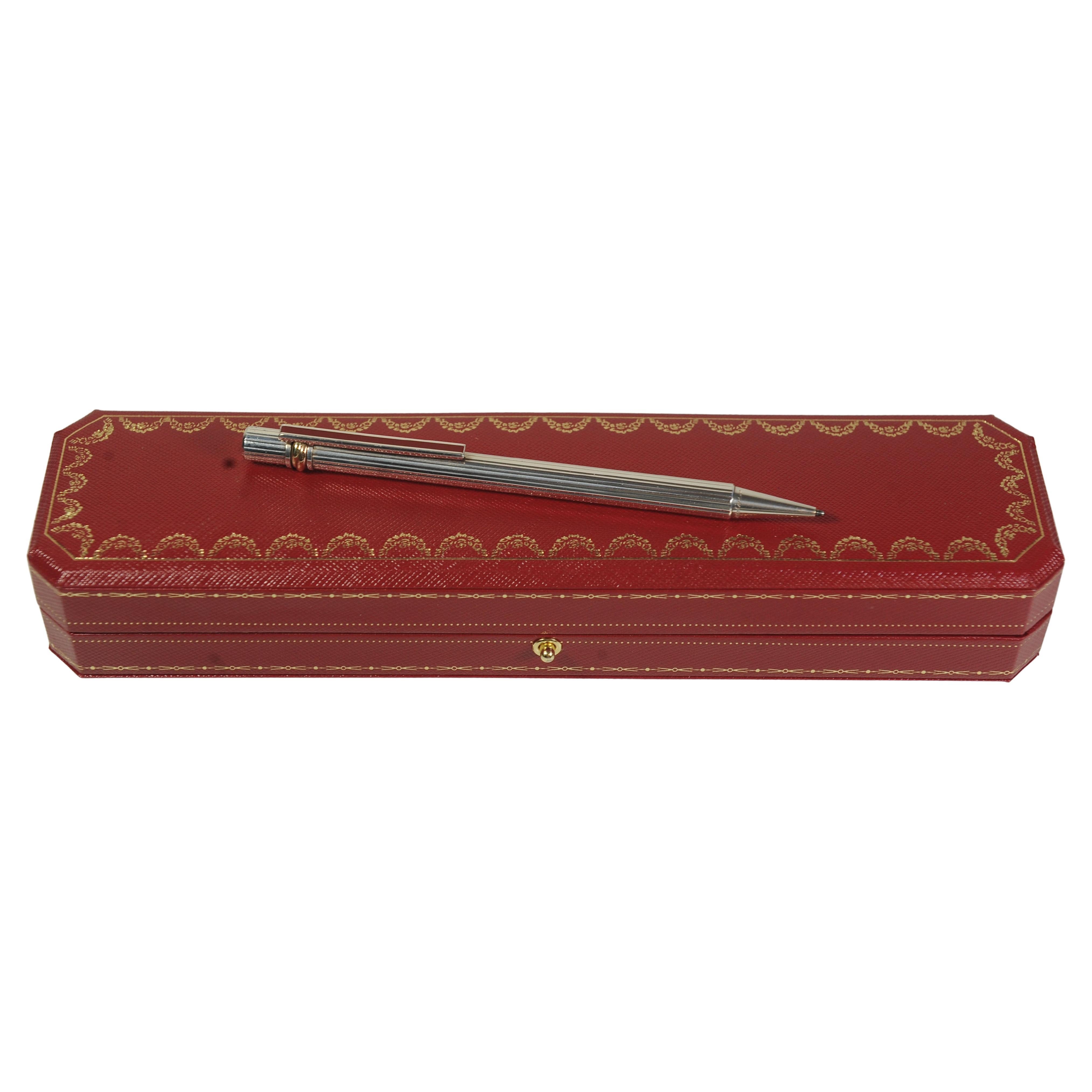 Cartier Trinity Ribbed Silver Plated Pen With Red Cartier Box & Red Enamel Clip For Sale 1