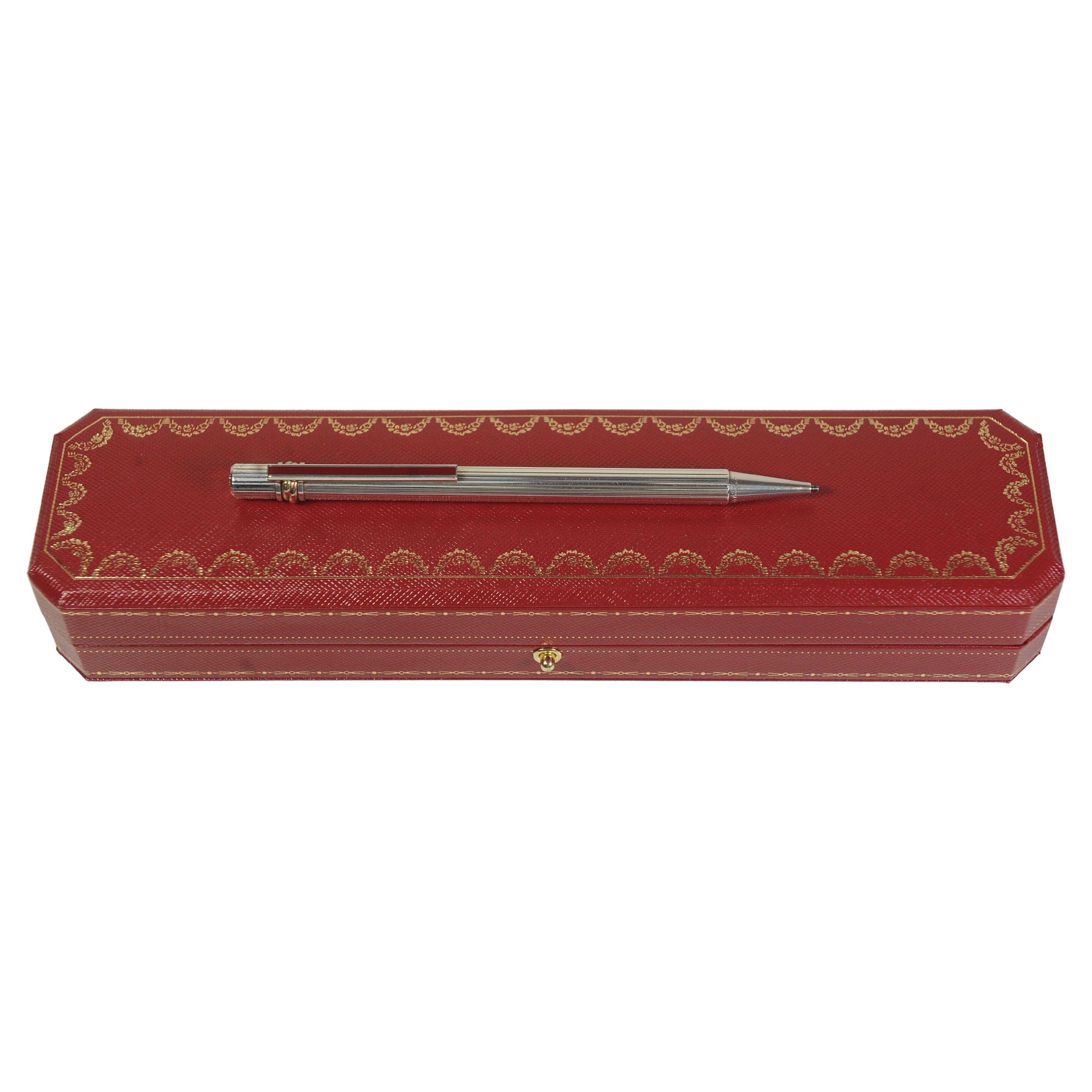 Cartier Trinity Ribbed Silver Plated Pen With Red Cartier Box & Red Enamel Clip For Sale 2