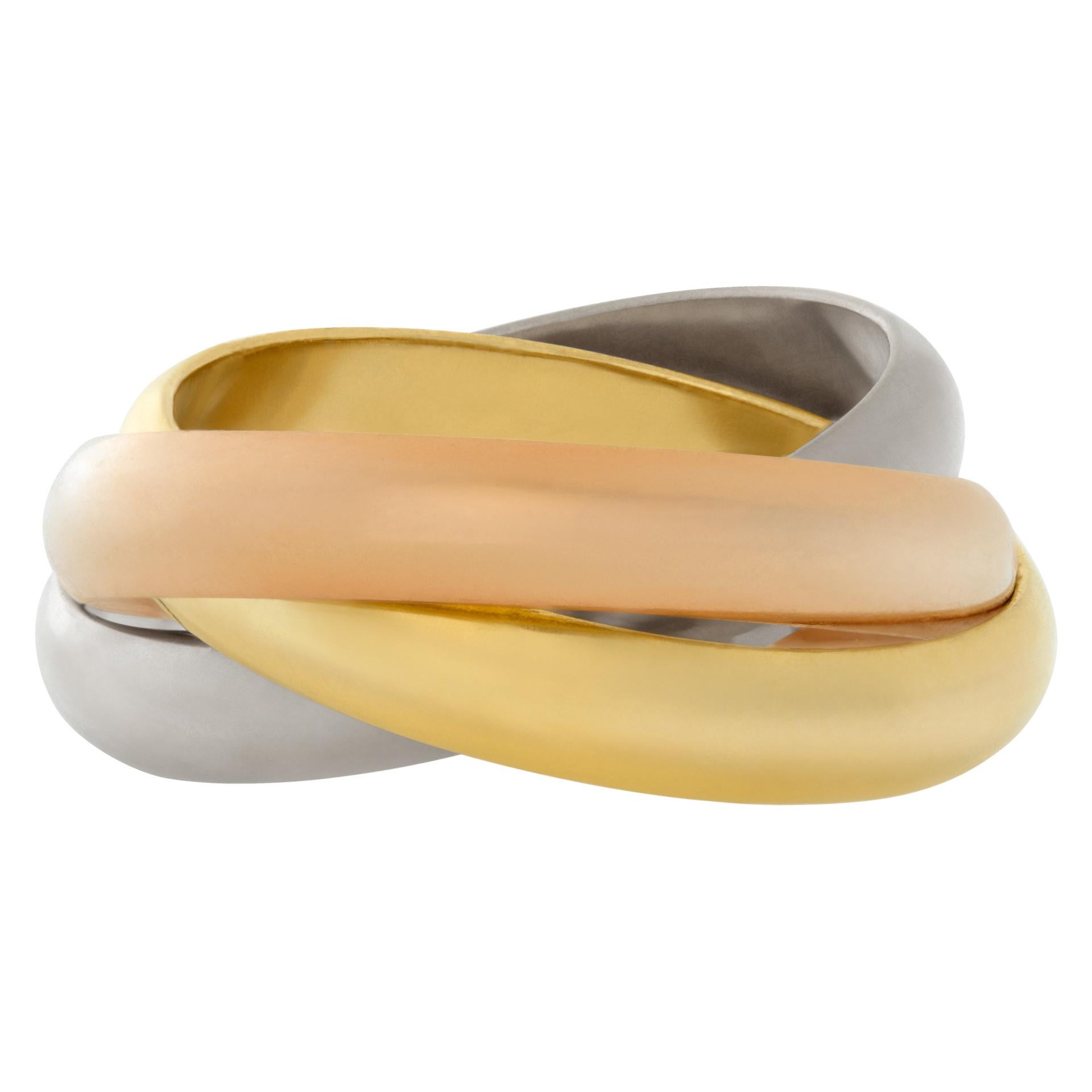 Cartier Trinity ring in tri-color 18k rose, white and yellow gold. European size 58 - US size 8.5.This Cartier ring is currently size 8.5 and some items can be sized up or down, please ask! It weighs 8 pennyweights and is 18k.
