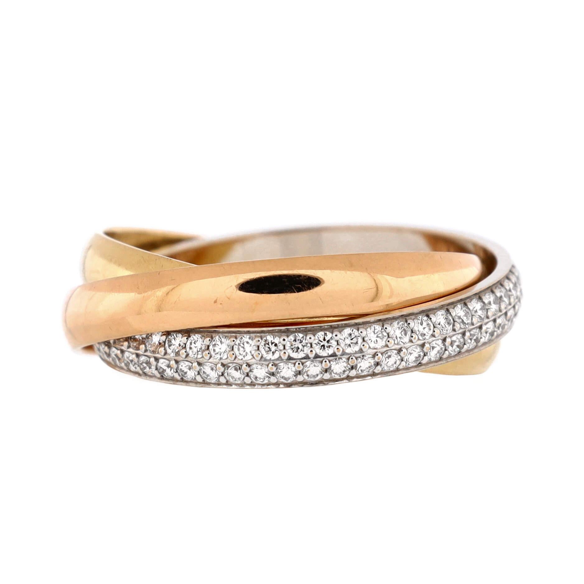 Condition: Excellent. Faint wear throughout.
Accessories: No Accessories
Measurements: Size: 6.25 - 53, Width: 2.80 mm
Designer: Cartier
Model: Trinity Ring 18K Tricolor Gold with Pave Diamonds Small
Exterior Color: Tricolor Gold
Item Number: