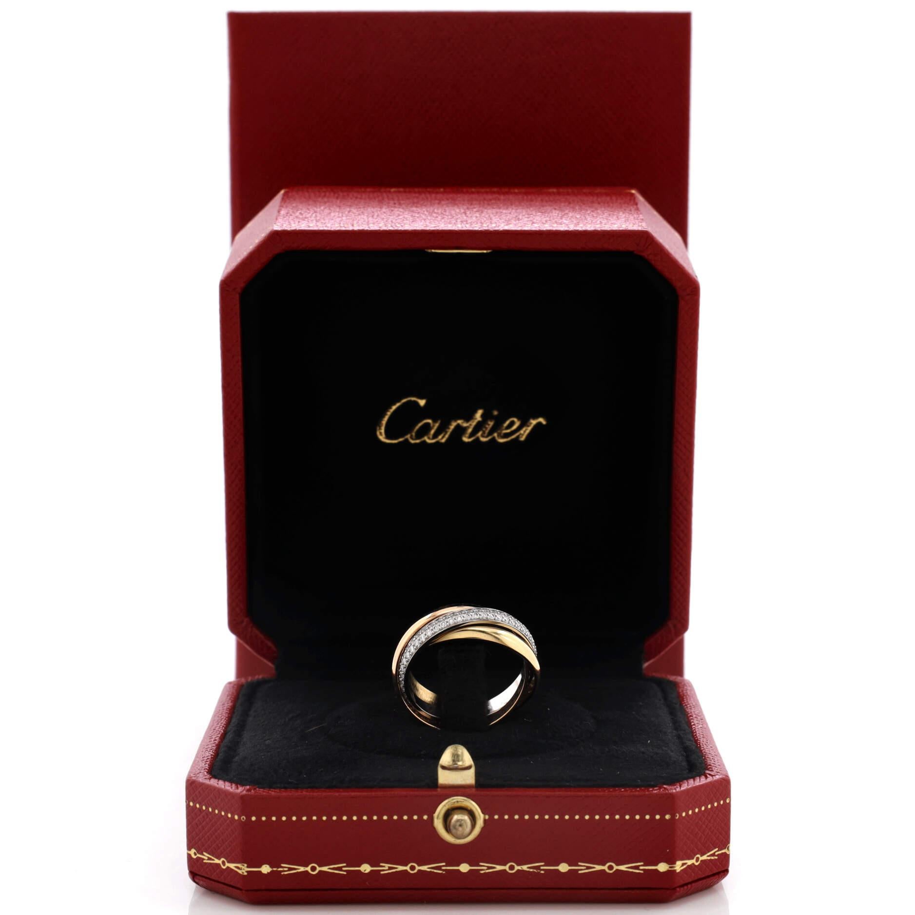 Cartier Trinity Ring 18k Tricolor Gold with Pave Diamonds Small In Good Condition In New York, NY