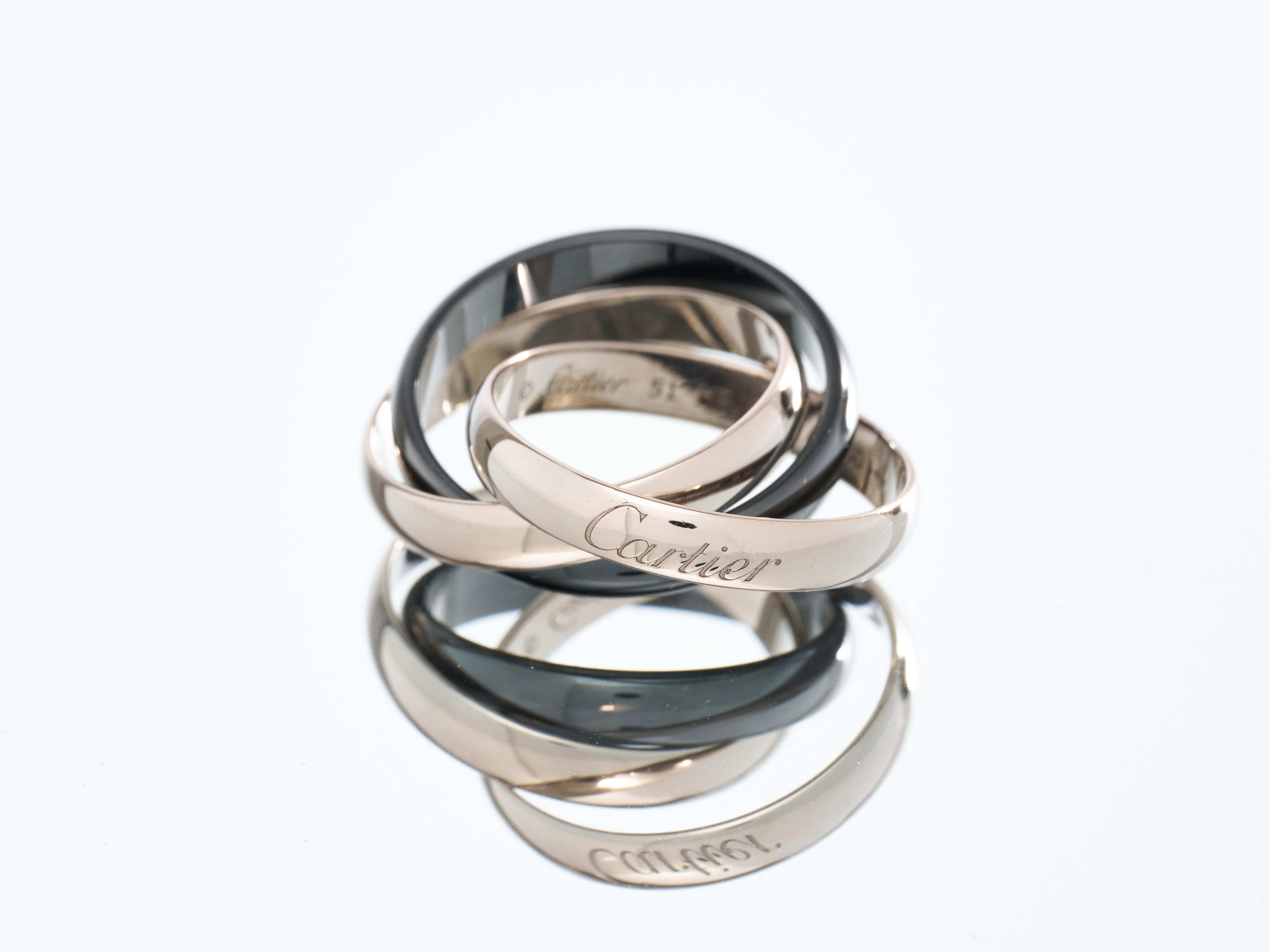 Cartier Trinity Ring 18K White Gold with Black Ceramic Size L EU 51 Boxed For Sale 8