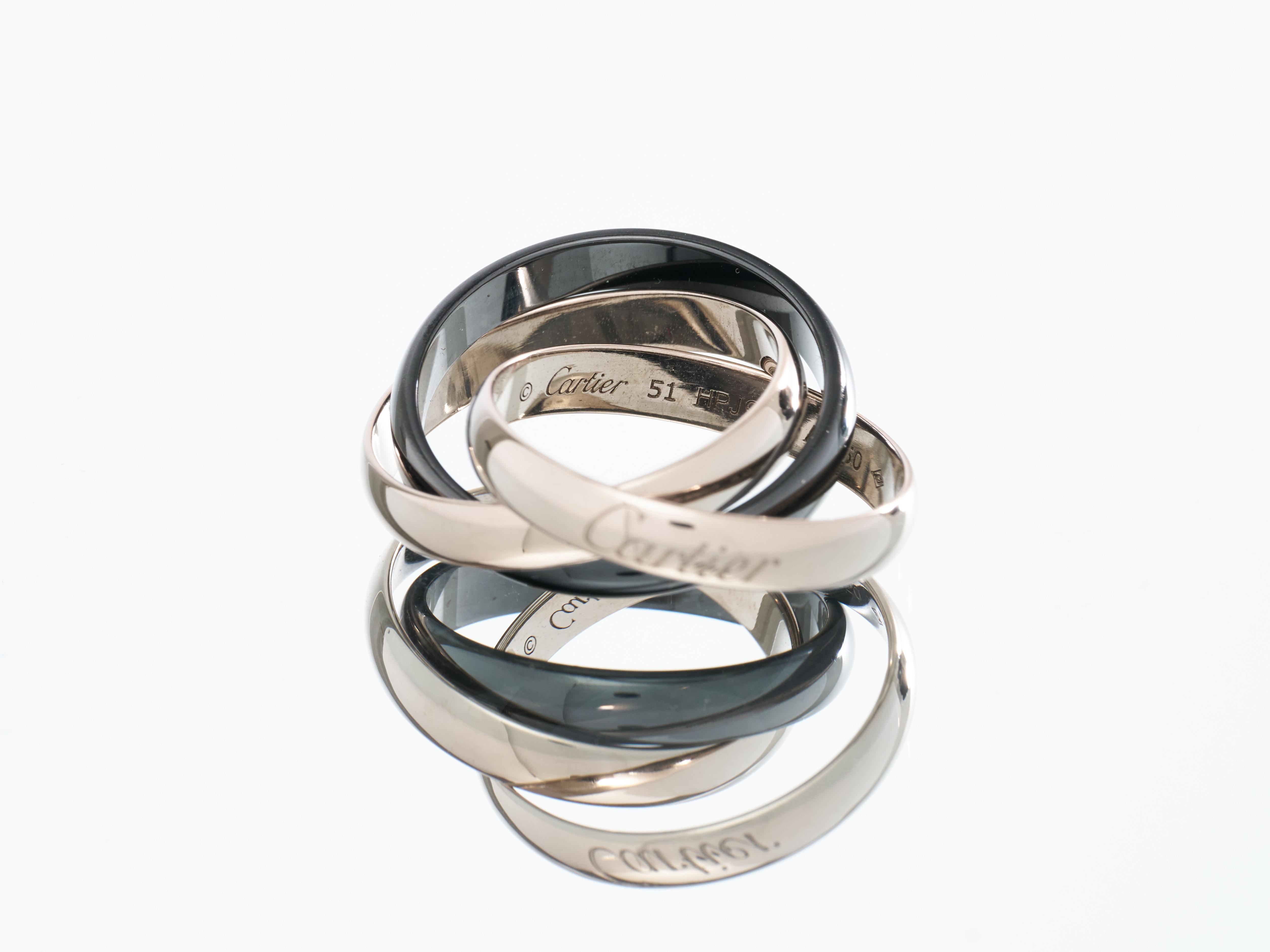 Cartier Trinity Ring 18K White Gold with Black Ceramic Size L EU 51 Boxed For Sale 9