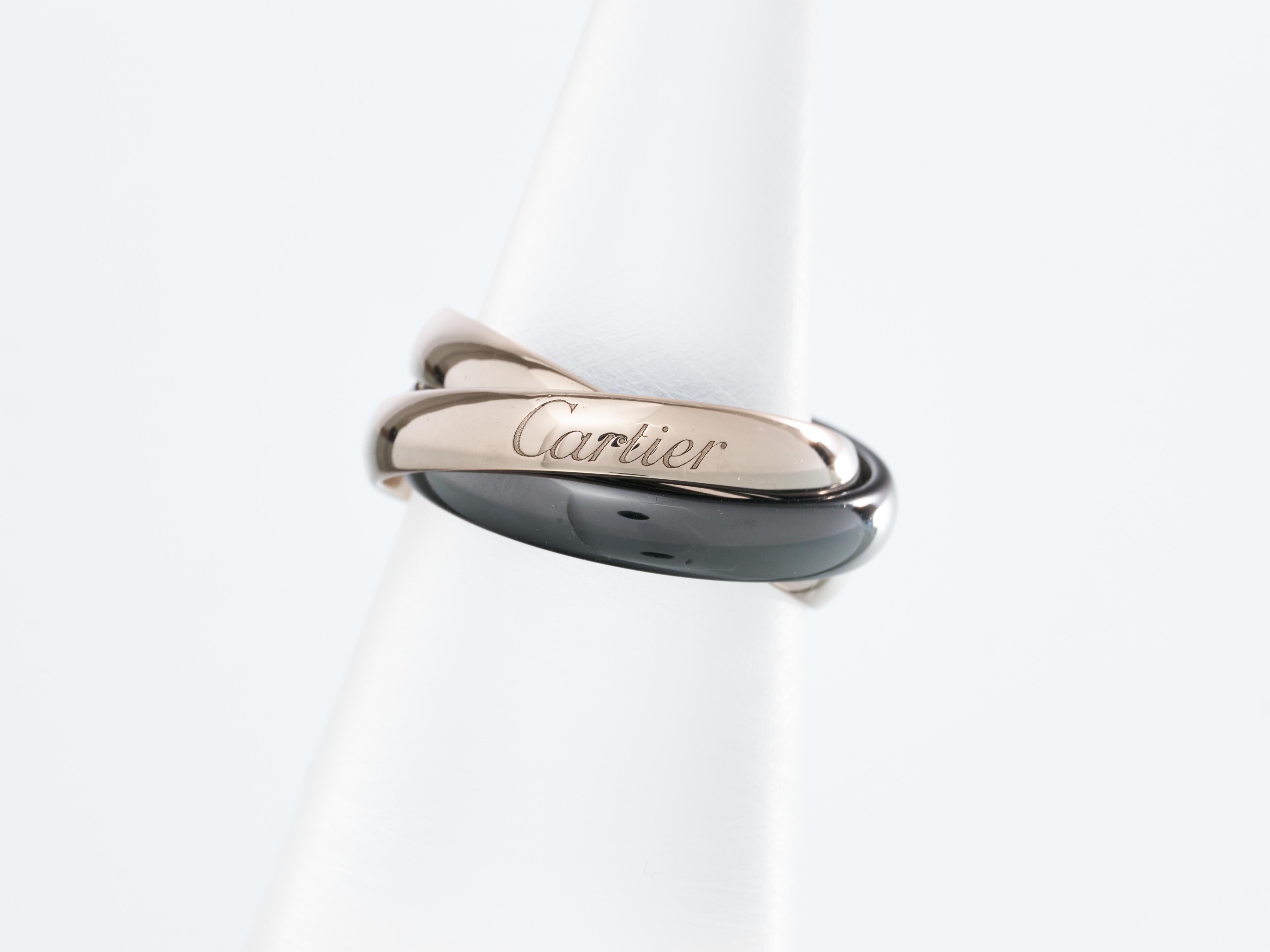 Cartier Trinity Ring 18K White Gold with Black Ceramic Size L EU 51 Boxed In Excellent Condition For Sale In London, GB