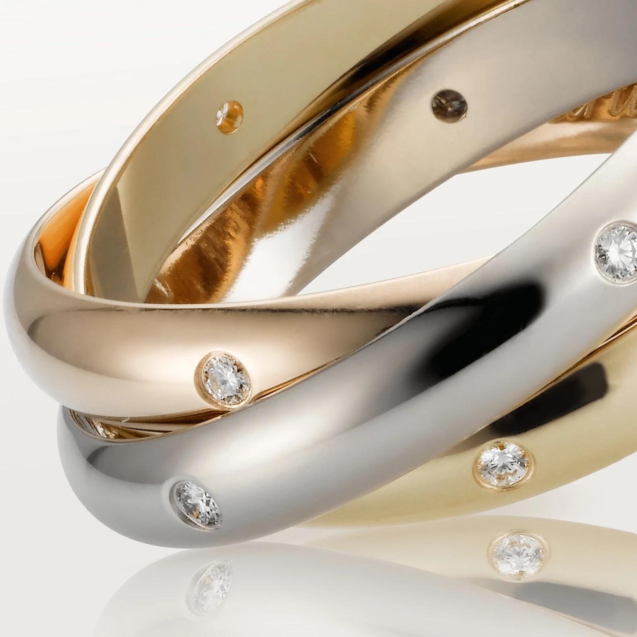 Art déco Cartier Trinity Ring Brillant Cut Diamonds White Rose Yellow Gold 18 Karat en vente