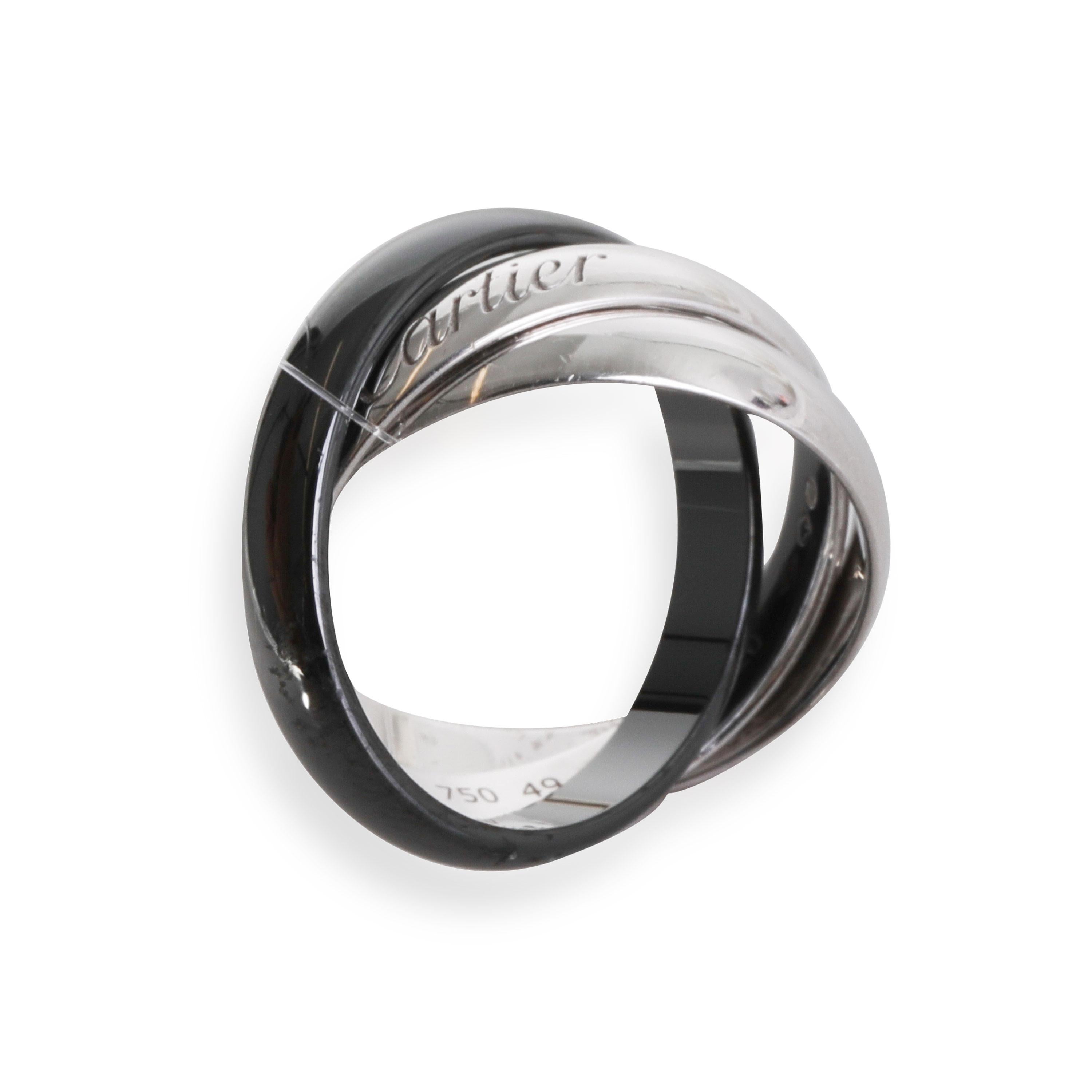 Cartier Trinity Ring in 18k White Gold/Ceramic

PRIMARY DETAILS
SKU: 119103
Listing Title: Cartier Trinity Ring in 18k White Gold/Ceramic
Condition Description: Retails for 1330 USD. In excellent condition and recently polished. Ring size is